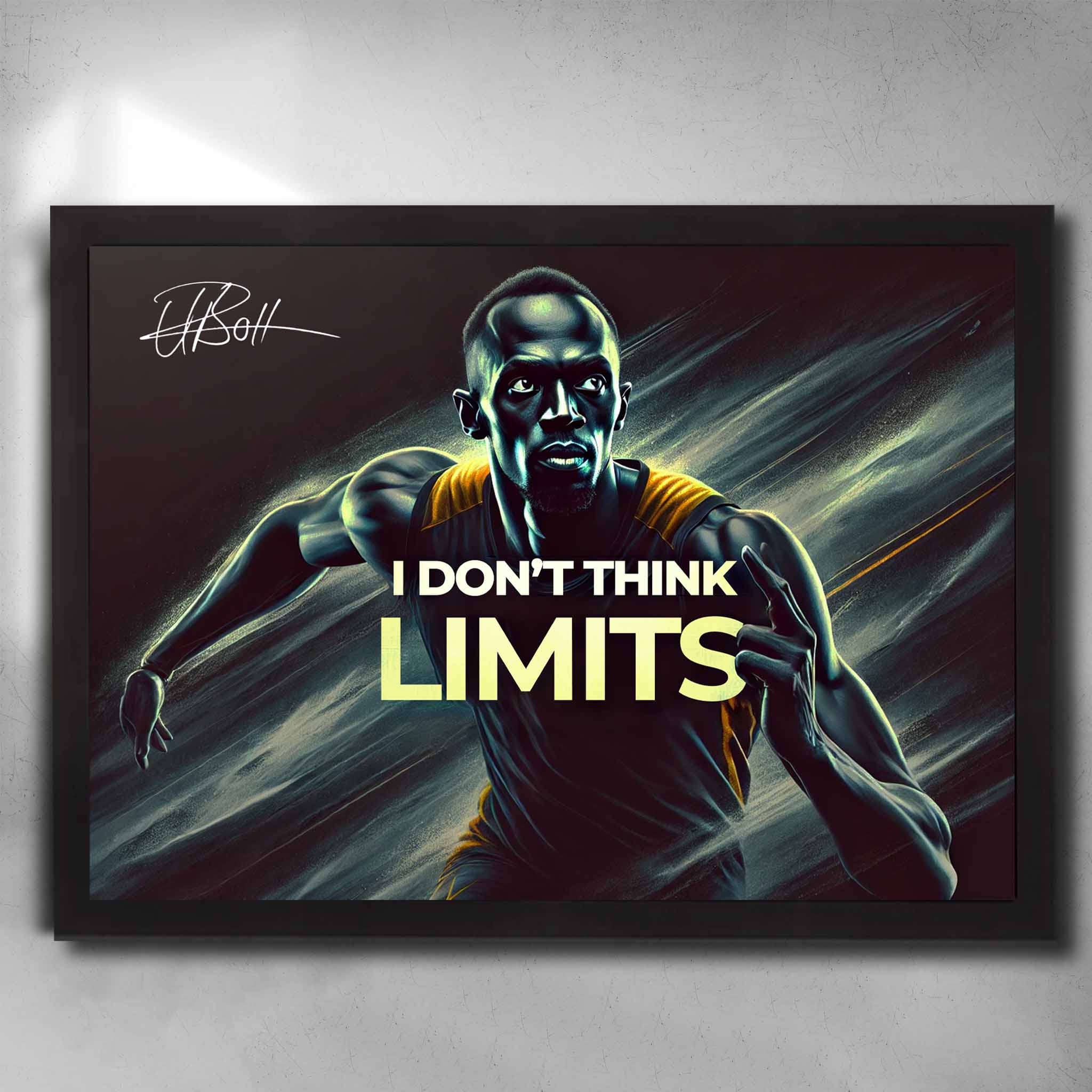 Black framed motivational quote art by Sports Cave, featuring Usain Bolt saying, "I don't think limits".