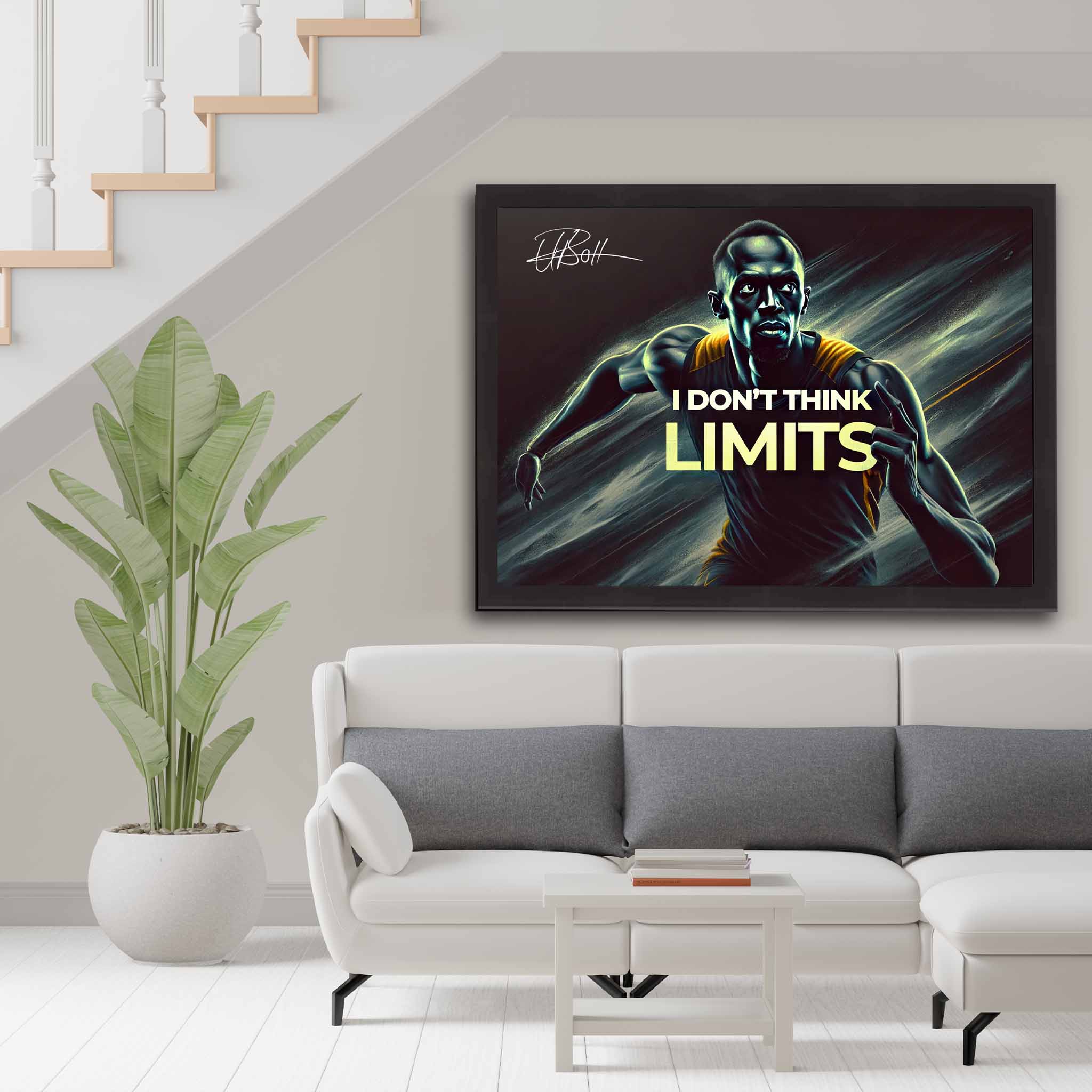 Devoted sport fan's tribute: Usain Bolt framed art proudly displayed on the wall.