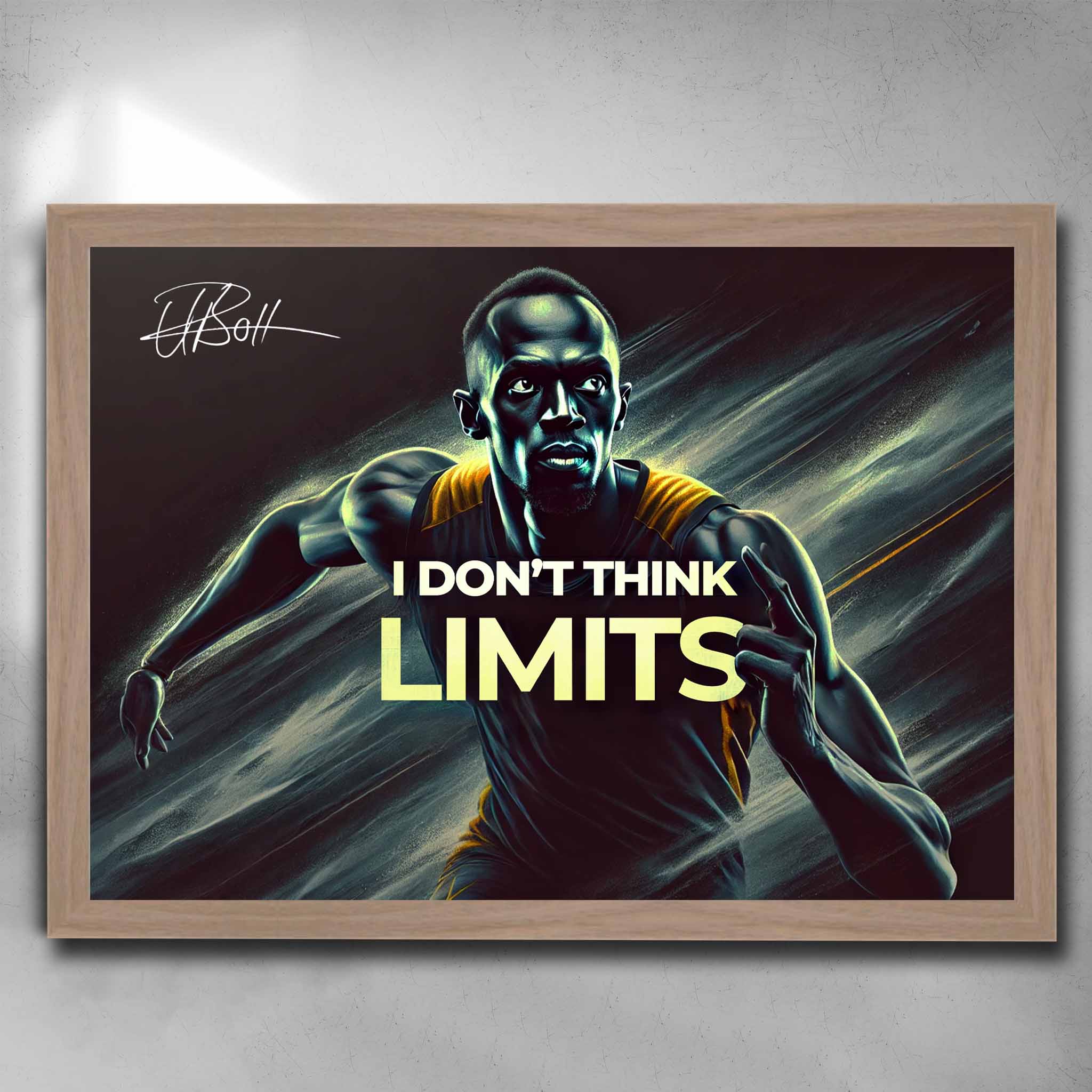 Oak framed motivational quote art by Sports Cave, featuring Usain Bolt saying, "I don't think limits".