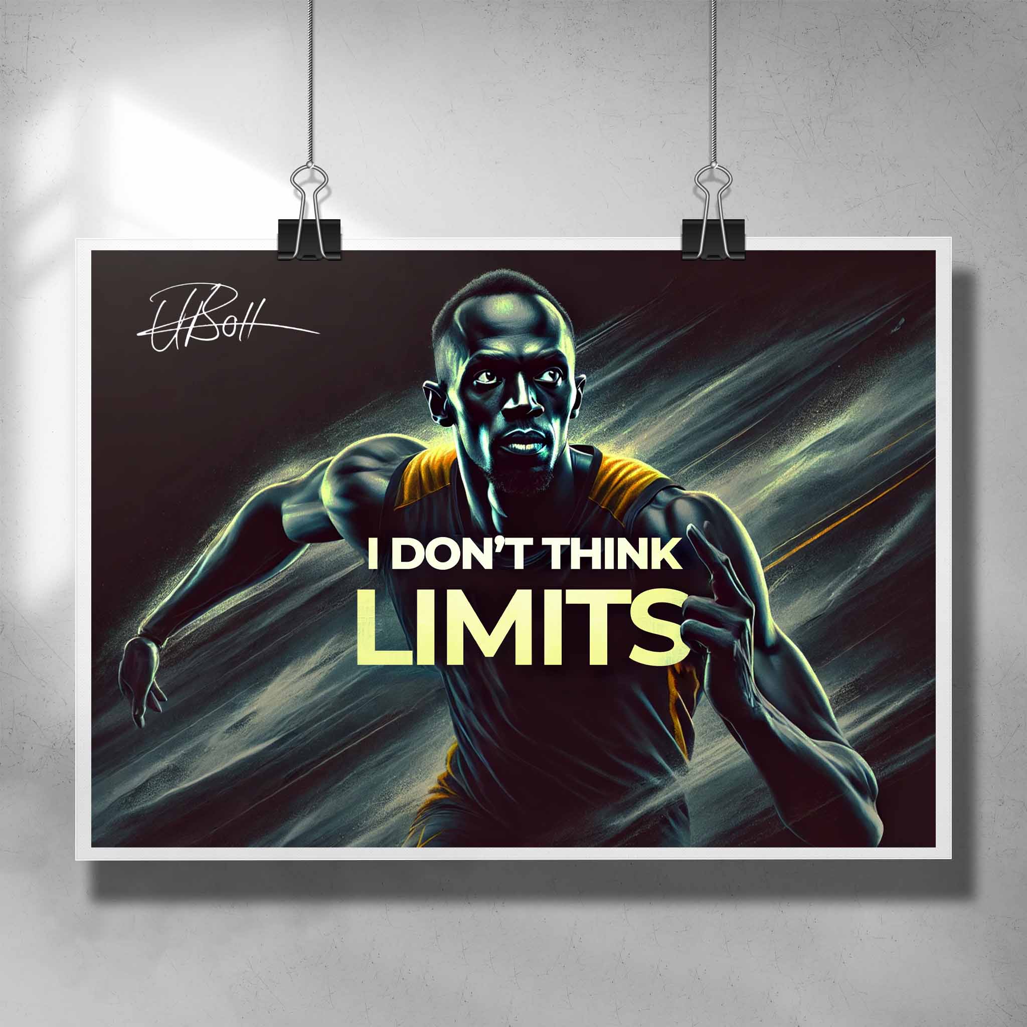 Motivational poster by Sports Cave, featuring Usain Bolt saying, "I don't think limits".