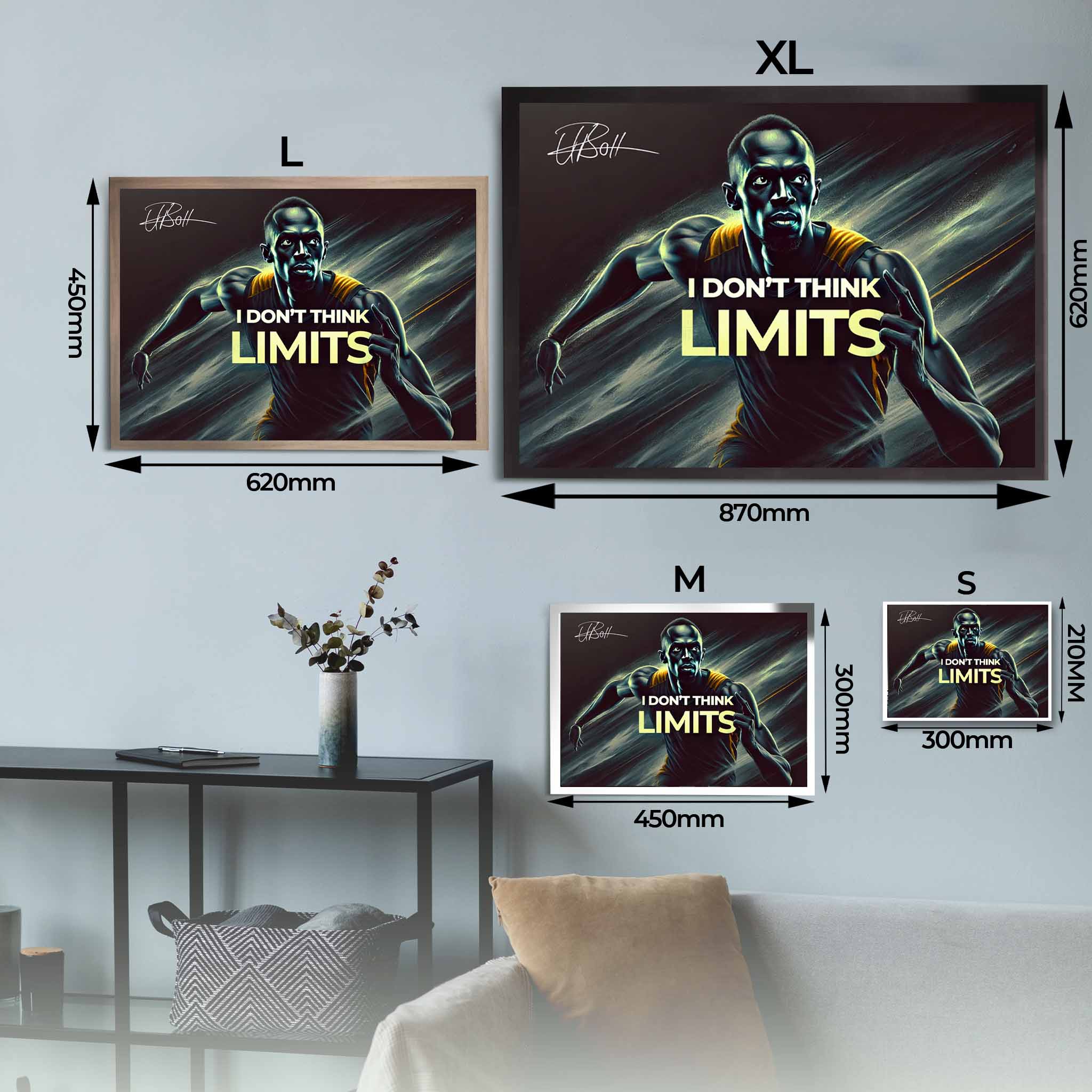 Visual representation of Usain Bolt framed art size options, ranging from A4 to A2, for selecting the right size for your space.