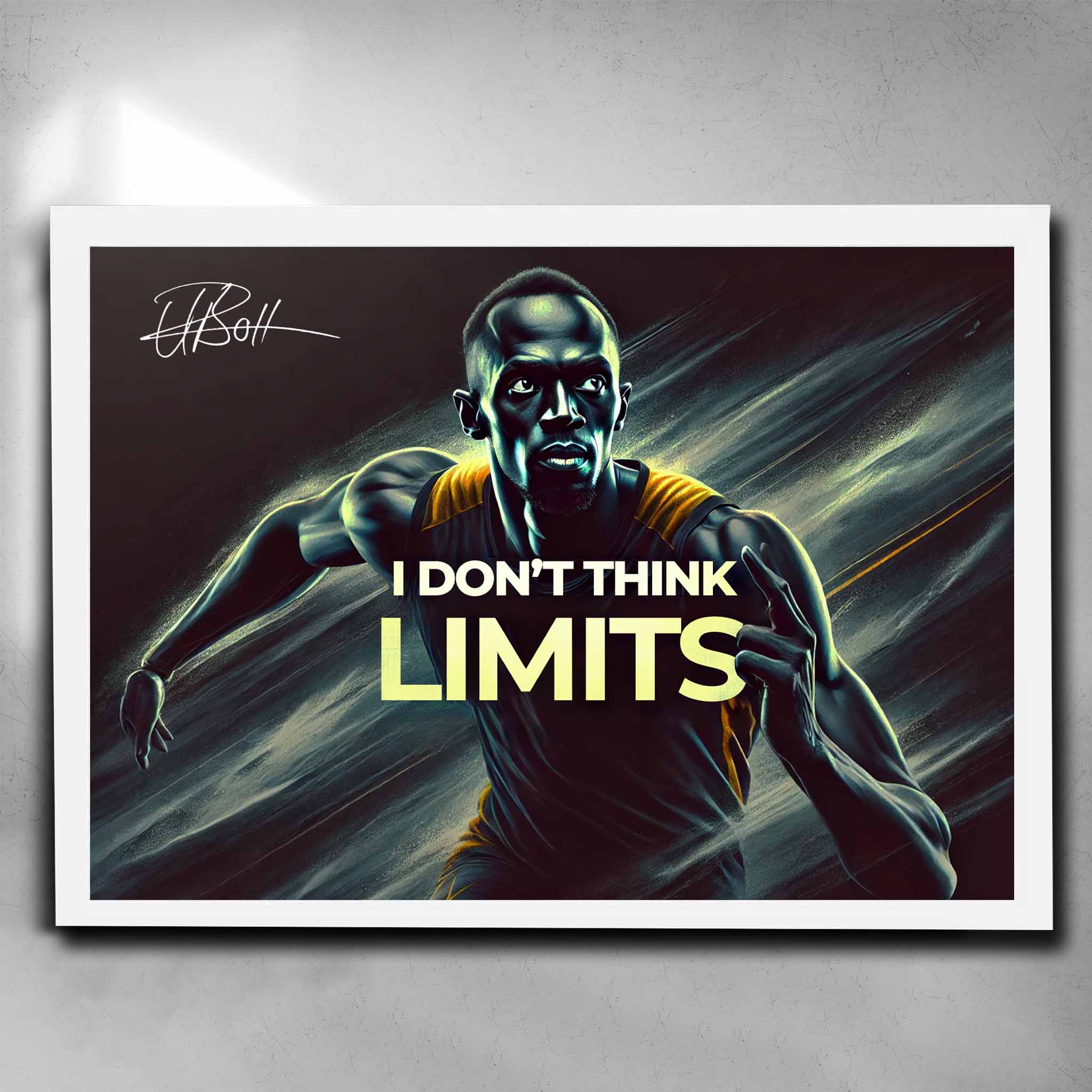 White framed motivational quote art by Sports Cave, featuring Usain Bolt saying, "I don't think limits".