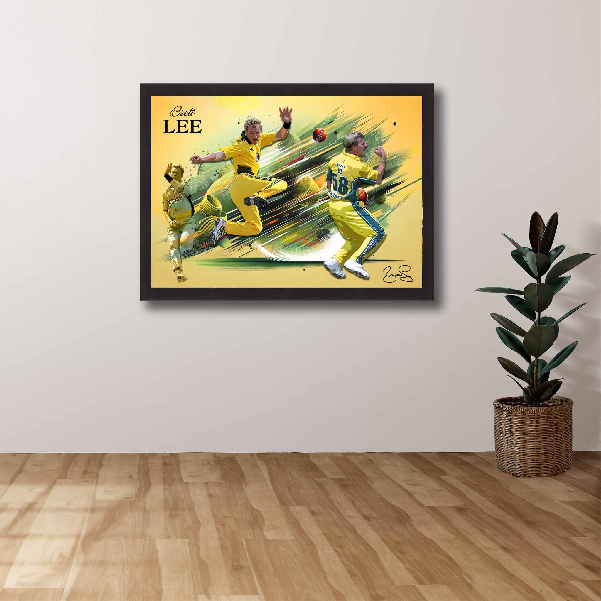 Brett Lee Cricket Art Poster by Sports Cave, highlighting the fast bowler's iconic career moments, ideal for fans and collectors.