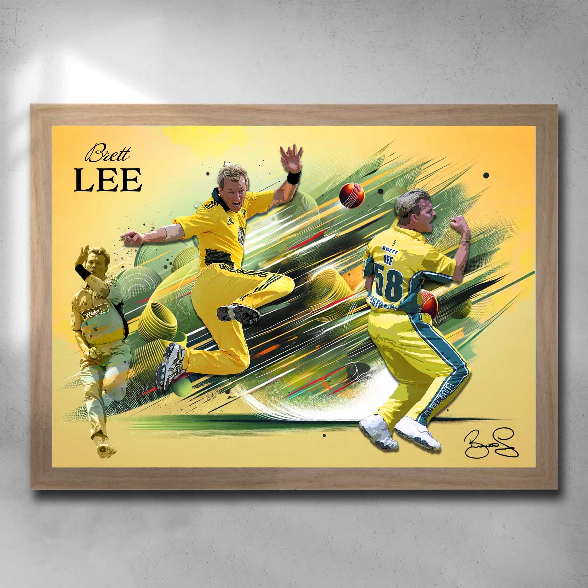 Oak framed Brett Lee Cricket Art Poster by Sports Cave, highlighting the fast bowler's iconic career moments, ideal for fans and collectors.