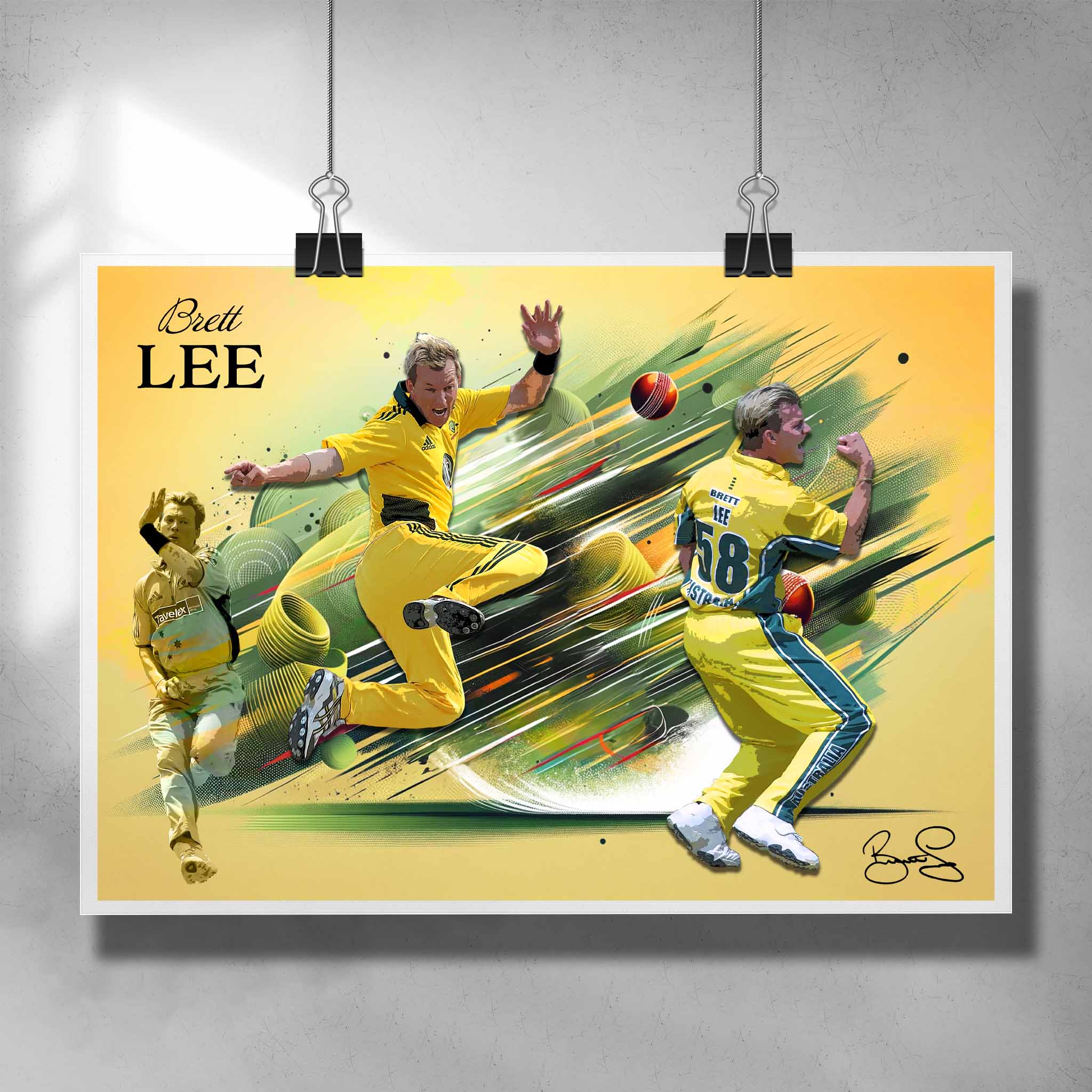 Brett Lee Poster by Sports Cave, highlighting the fast bowler's iconic career moments, ideal for fans and collectors.