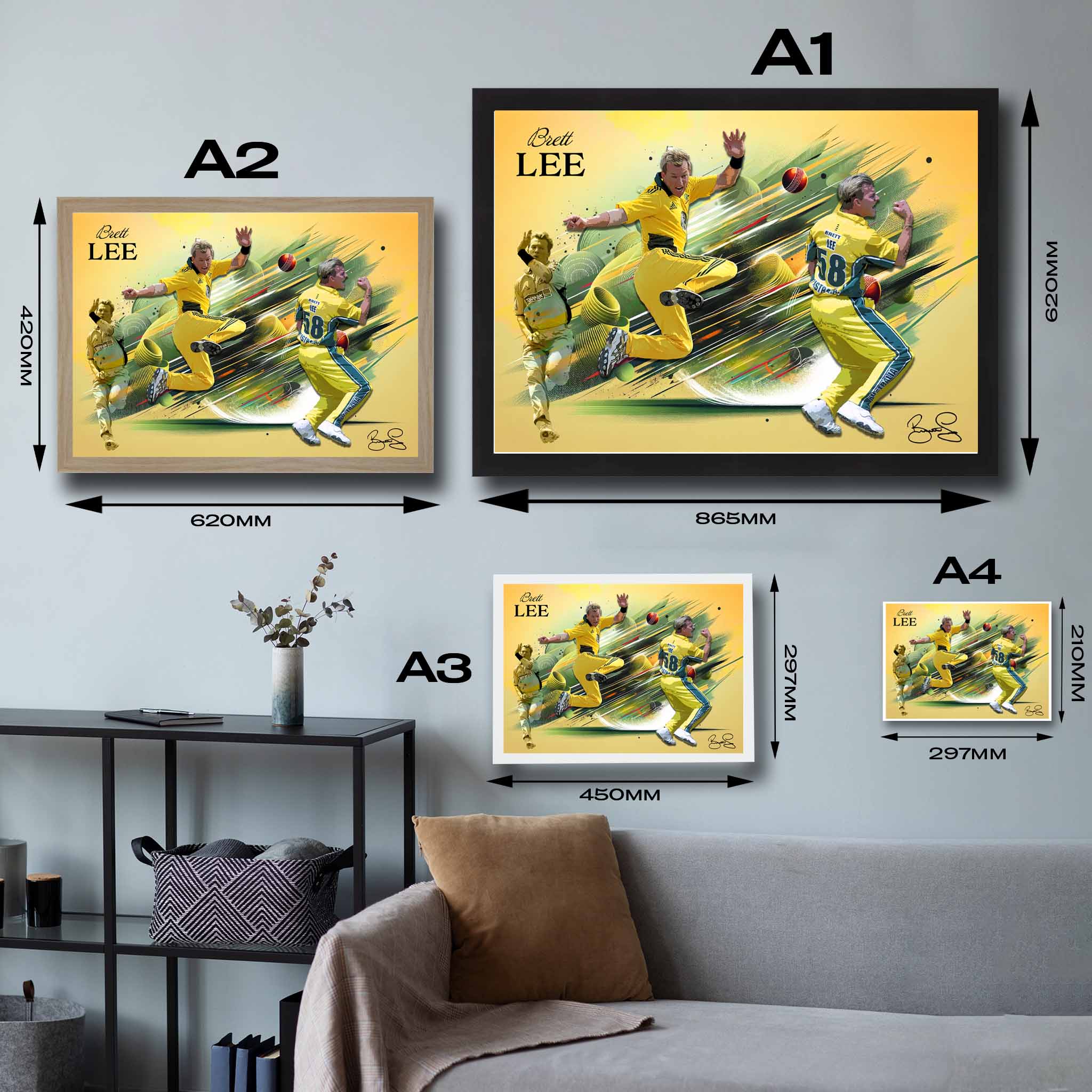 Framed art sizing guide of Brett Lee Cricket Art Poster by Sports Cave, highlighting the fast bowler's iconic career moments, ideal for fans and collectors.