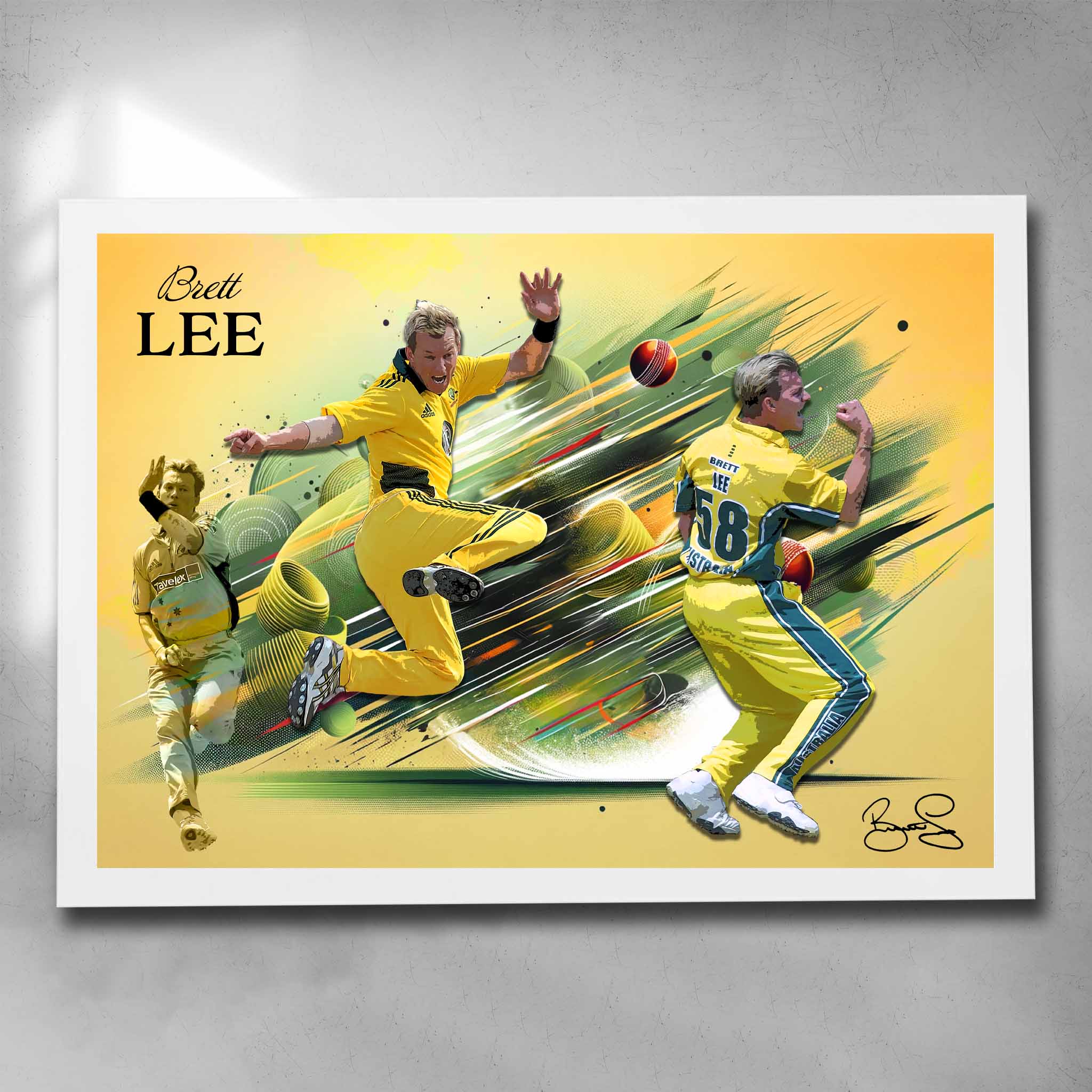 White framed Brett Lee Cricket Art Poster by Sports Cave, highlighting the fast bowler's iconic career moments, ideal for fans and collectors.