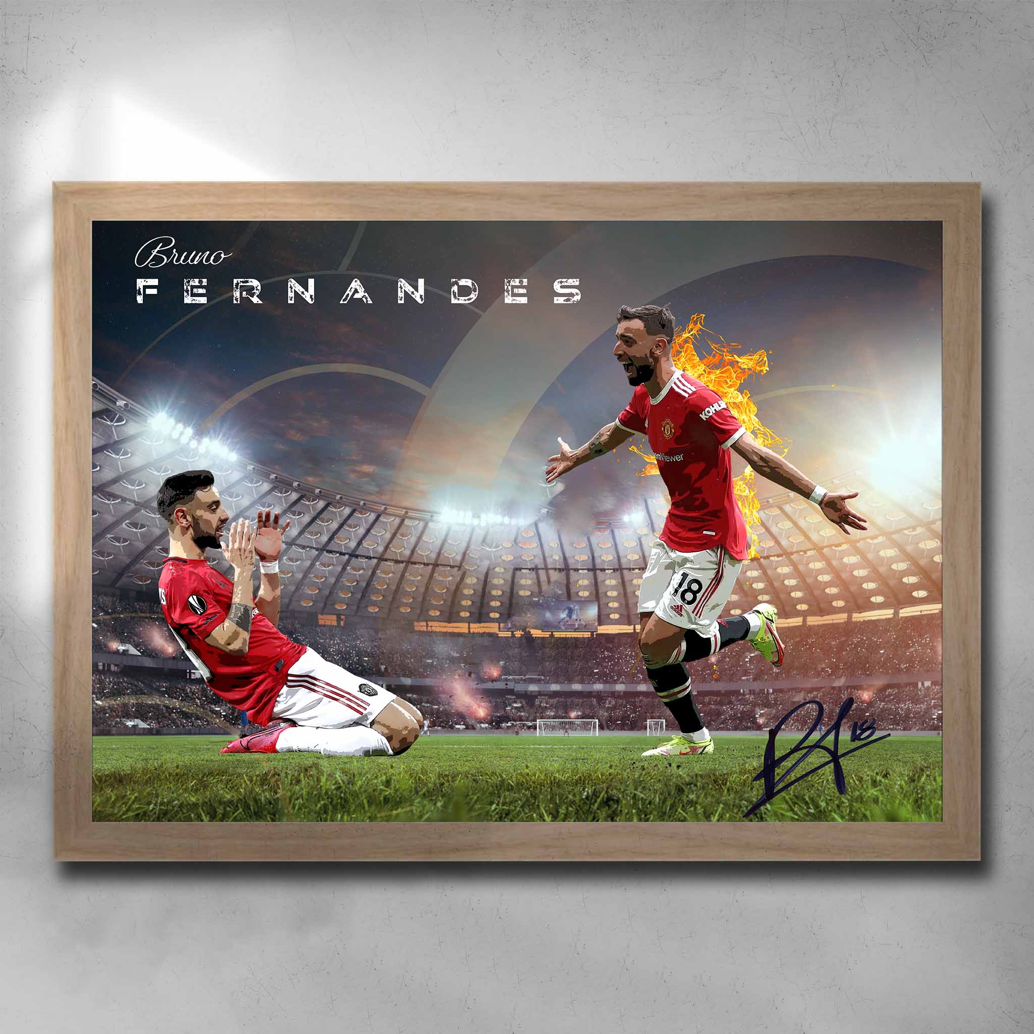 Rustic oak framed soccer art featuring a signed print of Bruno Fernandes from Manchester United - Artwork by Sports Cave.