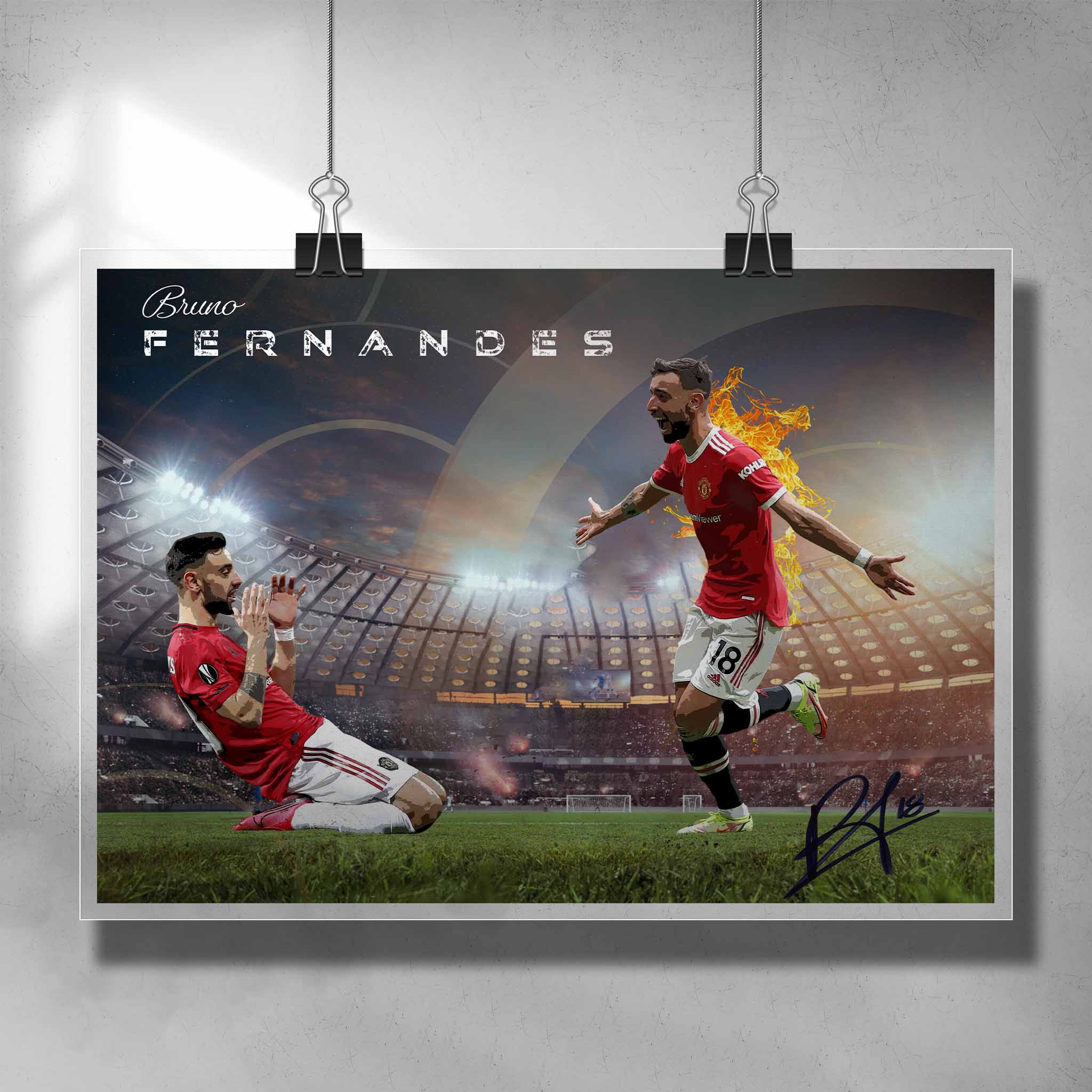 Unique Soccer poster featuring Bruno Fernandes from Manchester United - Artwork by Sports Cave.