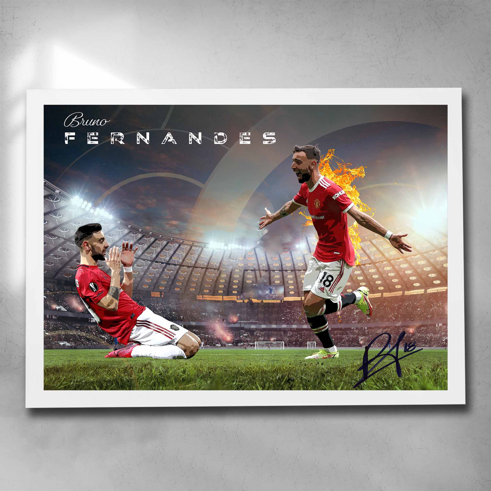 Elegant white framed soccer art featuring a signed print of Bruno Fernandes from Manchester United - Artwork by Sports Cave.