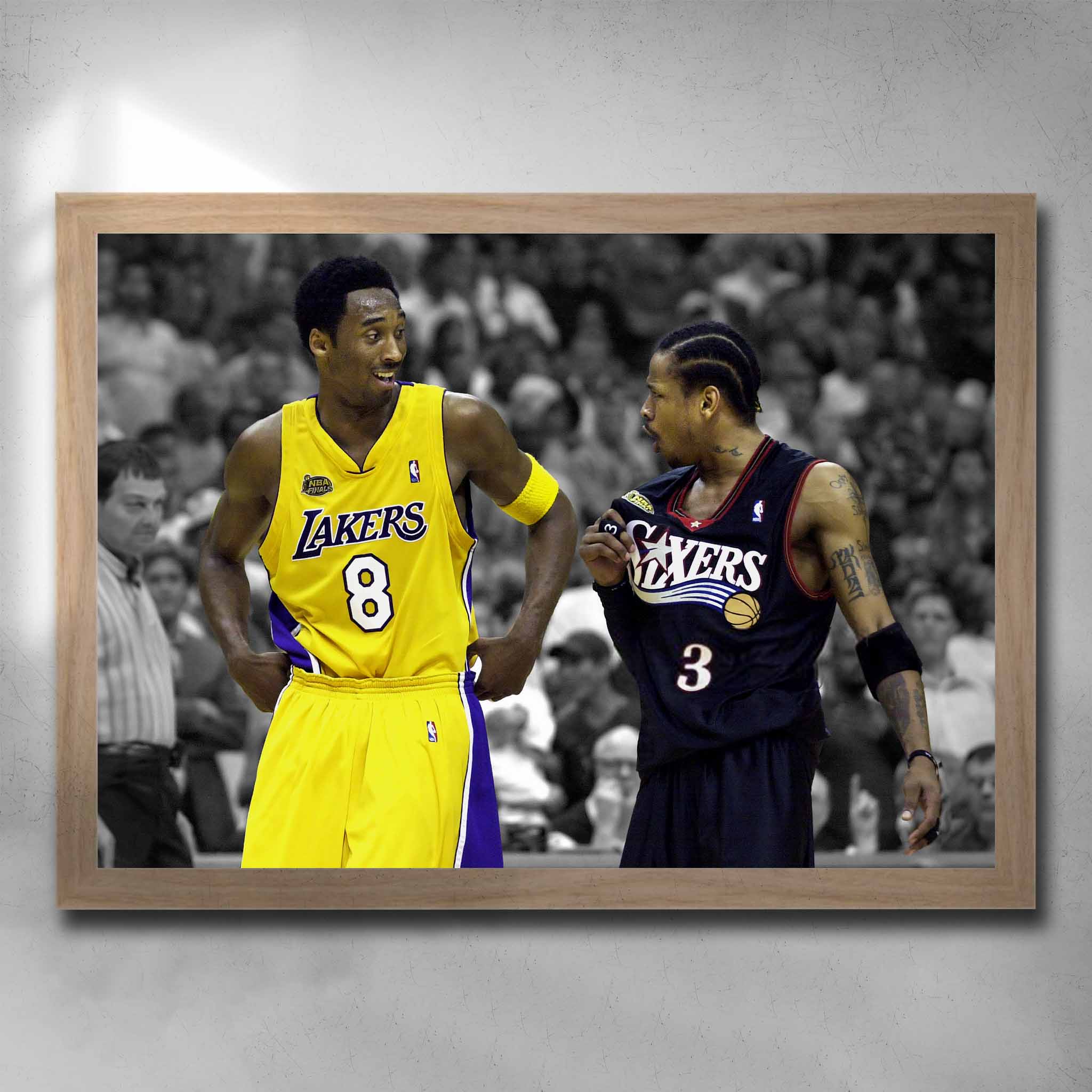 Oak framed NBA art by Sports Cave, featuring basketball legends Kobe Bryant and Allen Iverson.