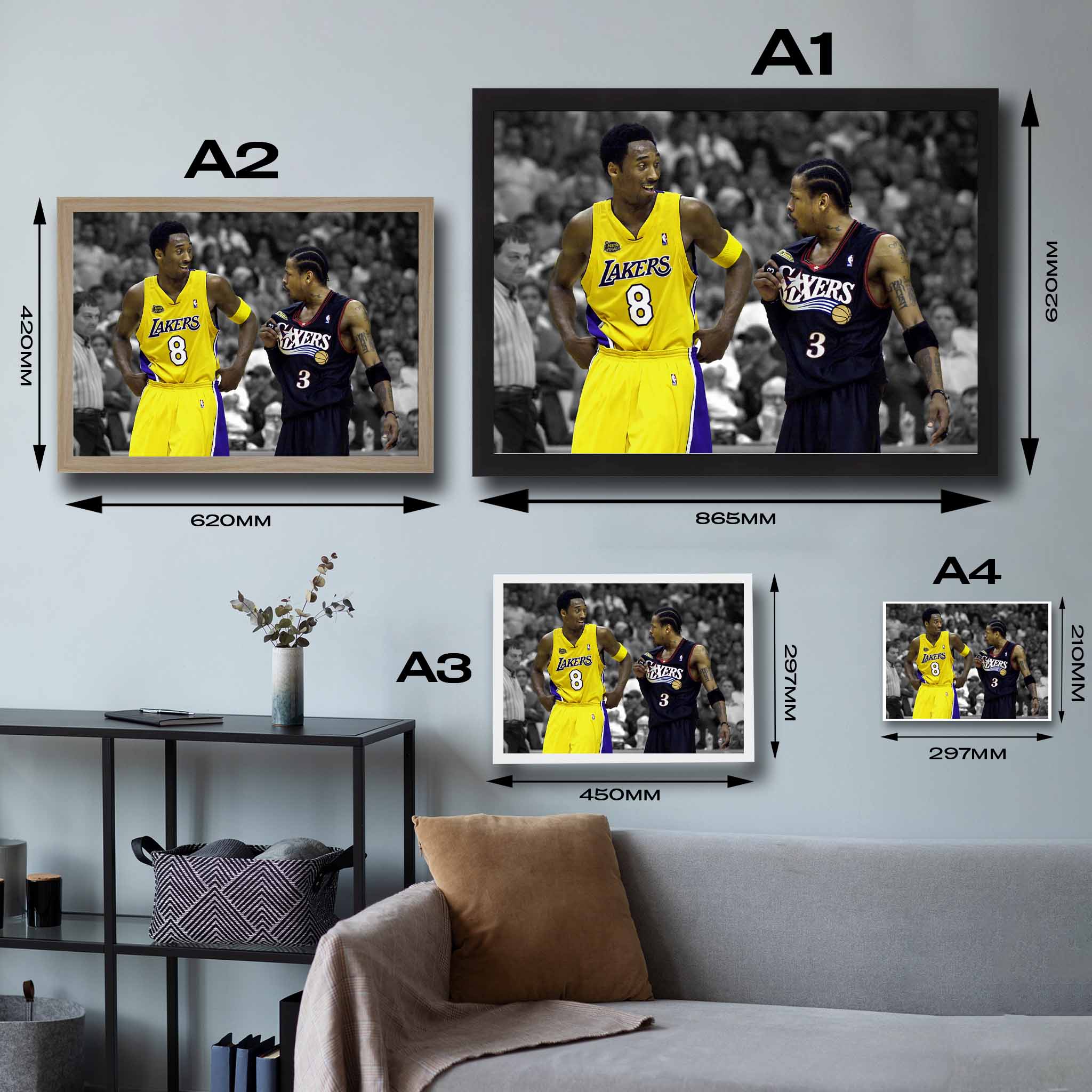 Framed art sizing guide of Kobe Bryant and Allen Iverson.