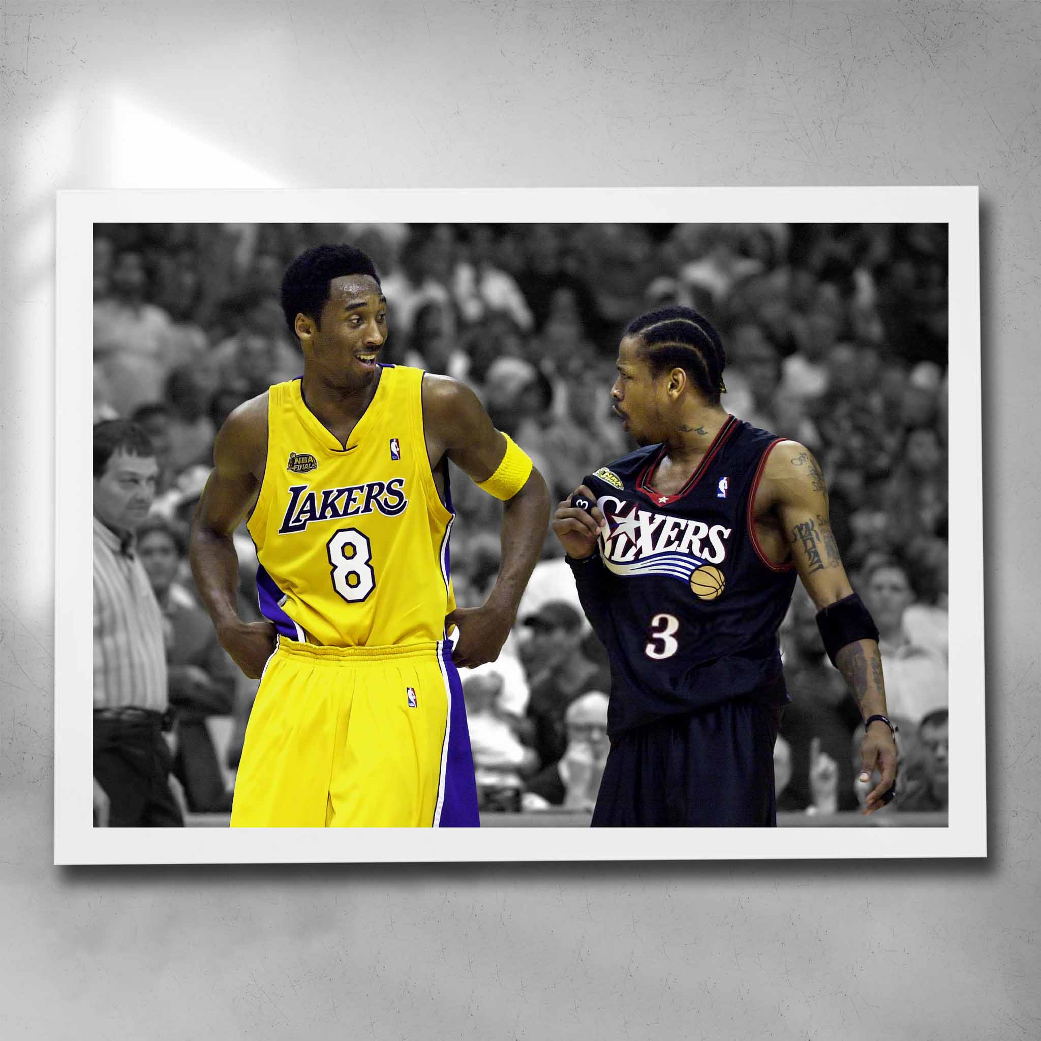 White framed NBA art by Sports Cave, featuring basketball legends Kobe Bryant and Allen Iverson.