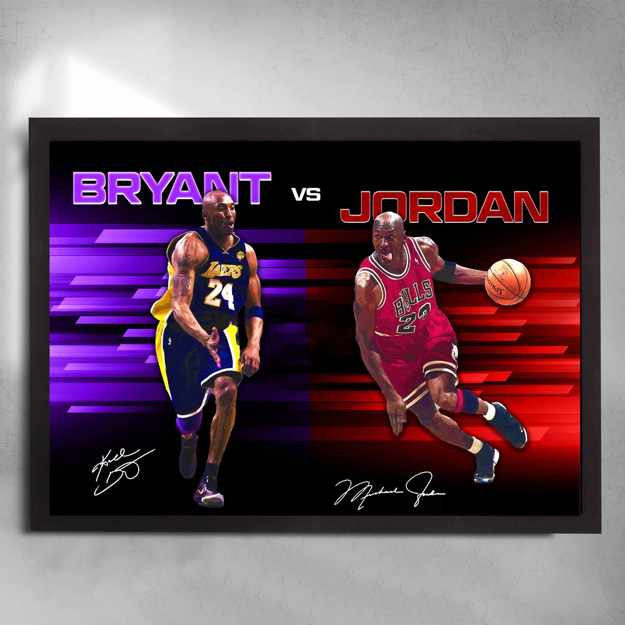 Black framed Kobe Bryant vs Michael Jordan NBA Art by Sports Cave.