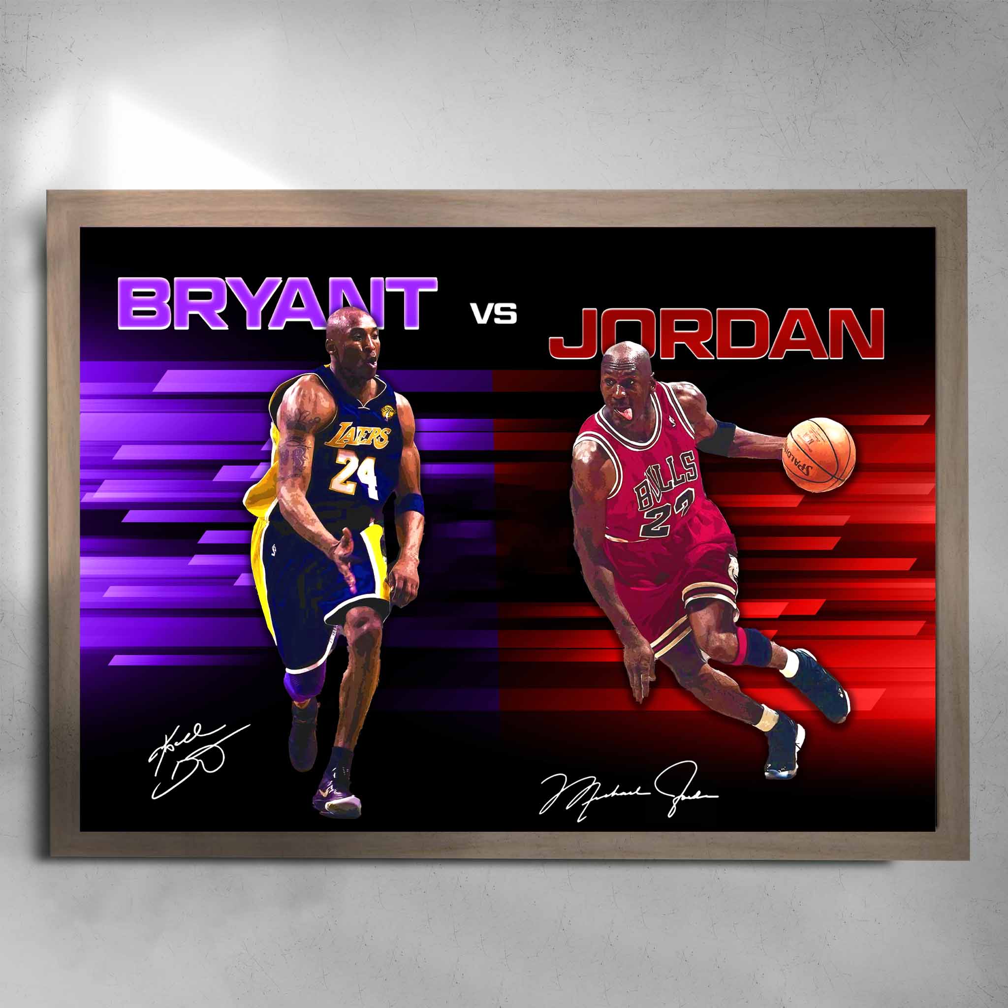 Oak framed Kobe Bryant vs Michael Jordan NBA Art by Sports Cave.