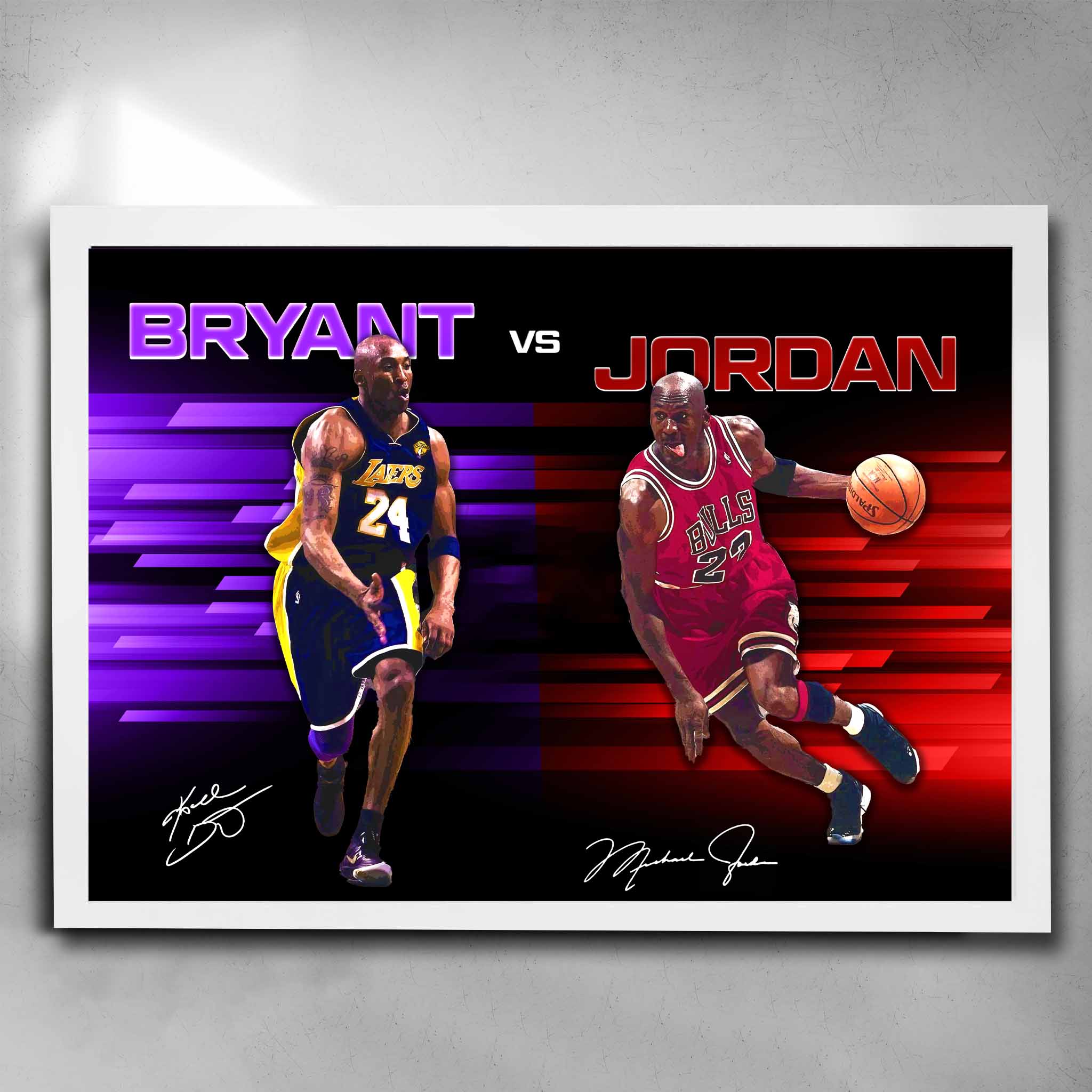 White framed Kobe Bryant vs Michael Jordan NBA Art by Sports Cave.