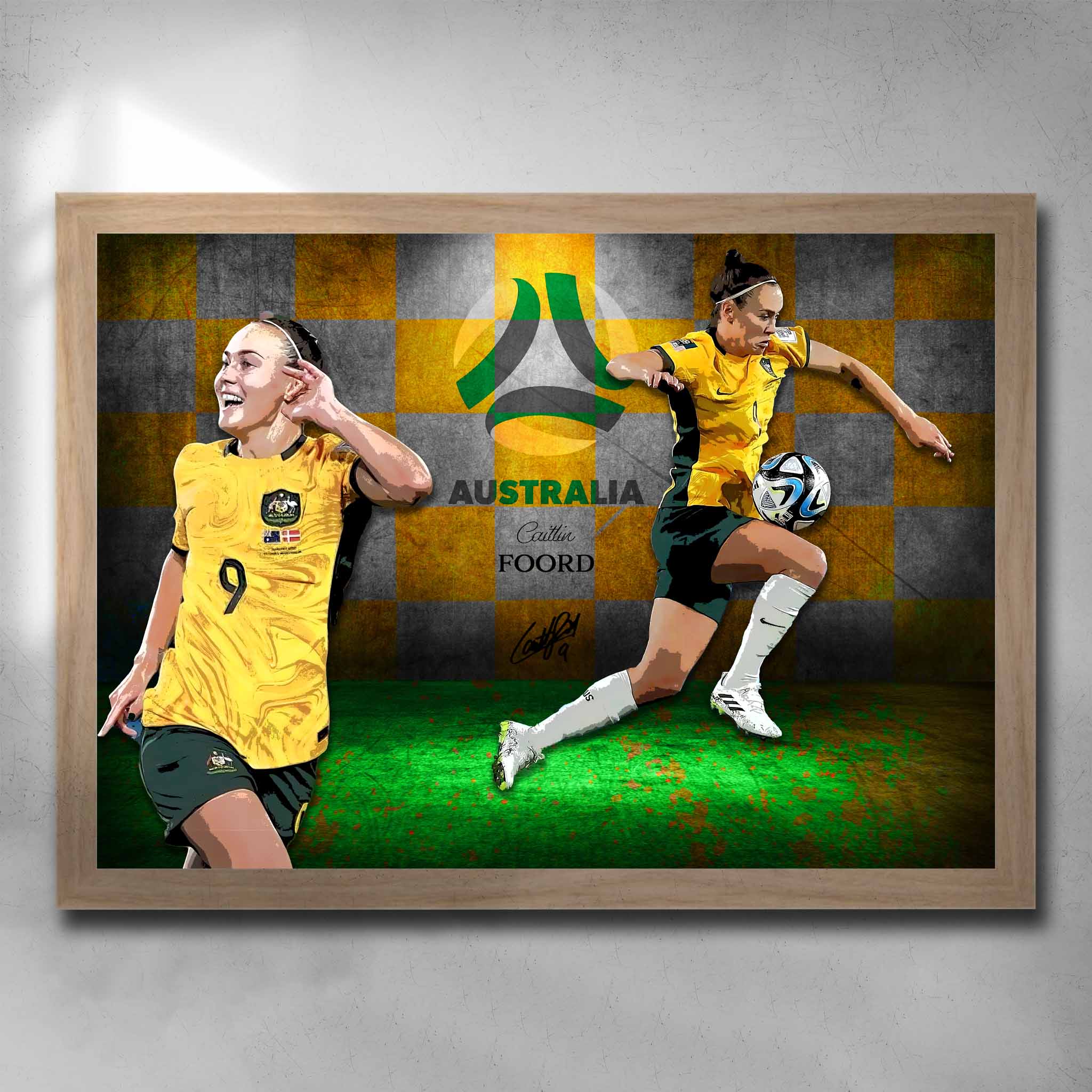 Oak framed soccer art by Sports Cave, featuring Caitlin Foord from the Australian Matilda's.