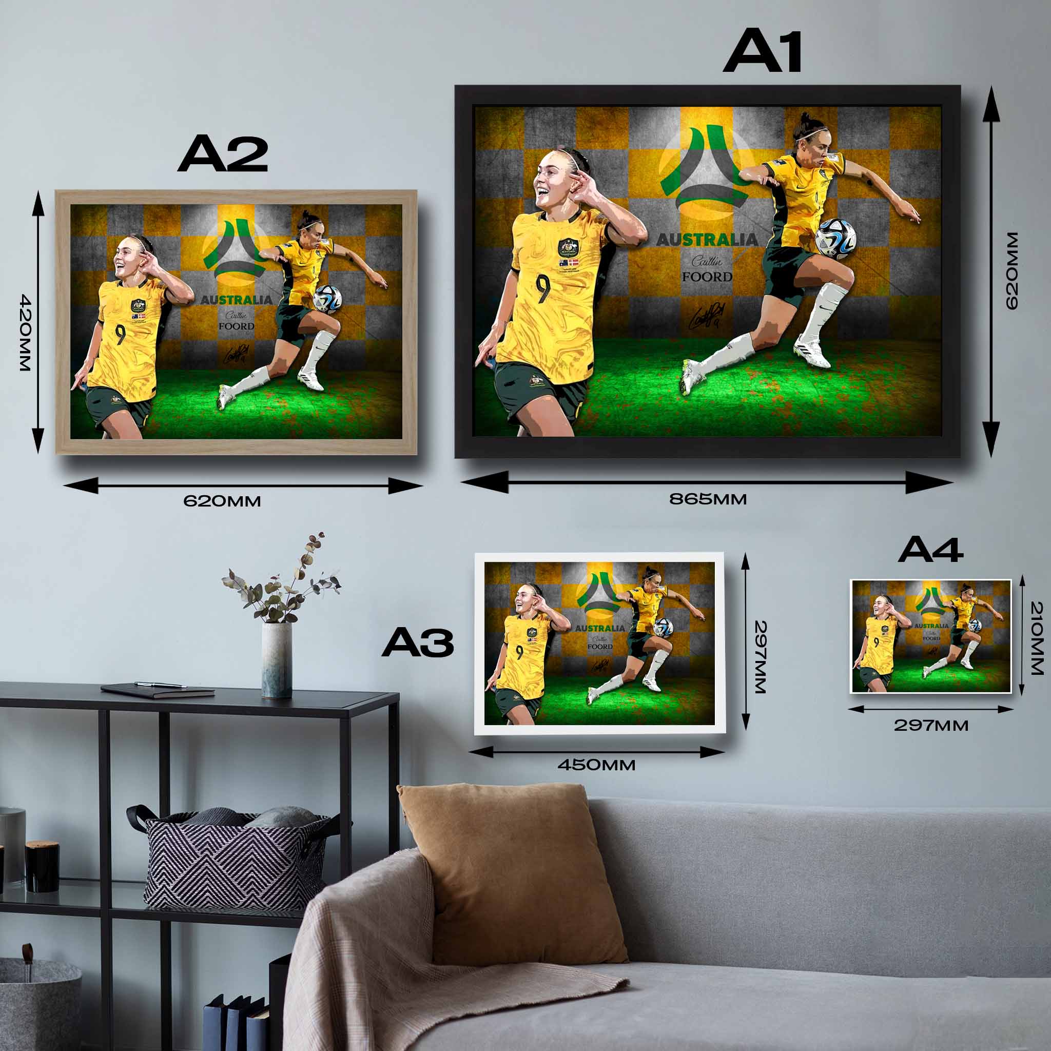 Framed art sizing guide, featuring Caitlin Foord from the Australian Matilda's.