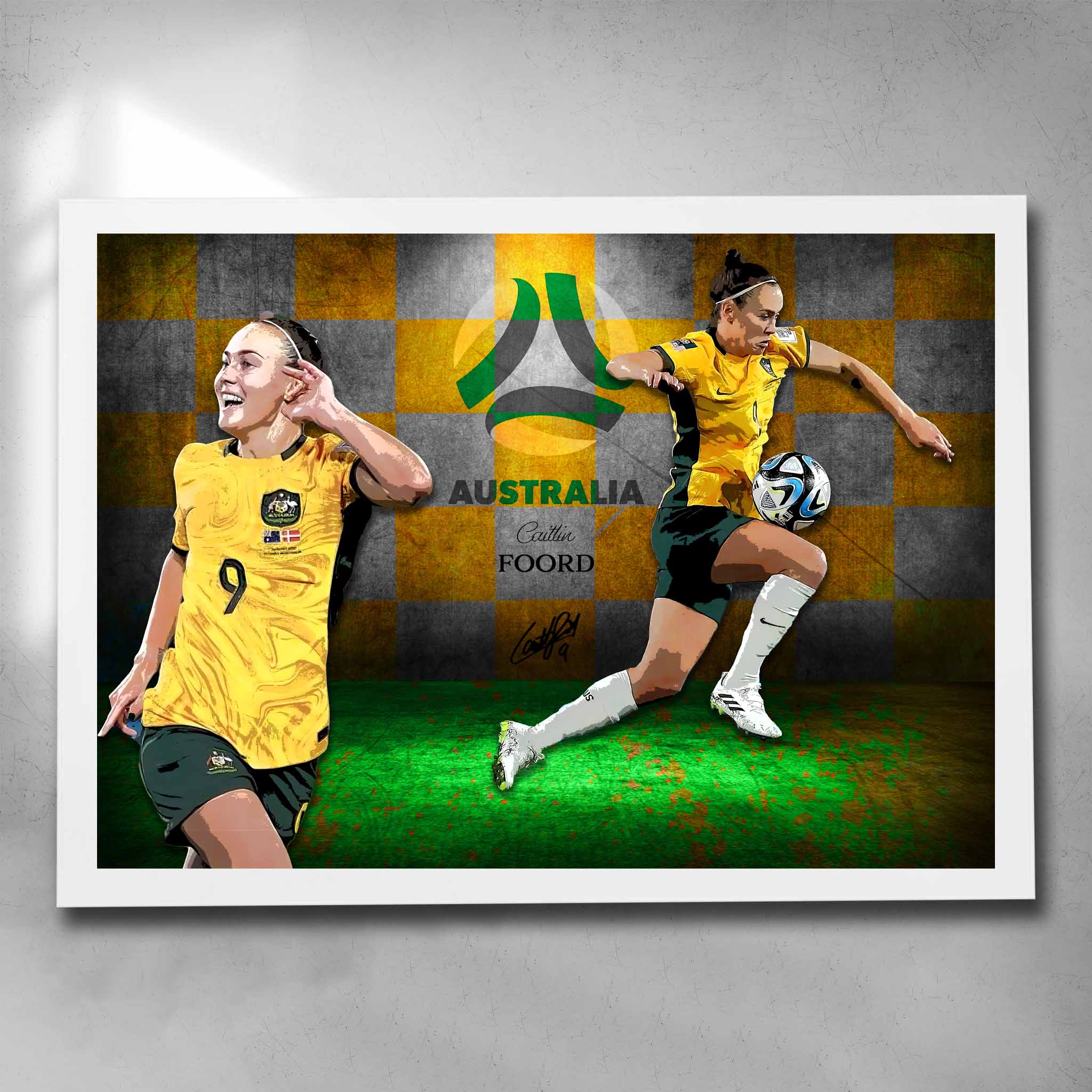 White framed soccer art by Sports Cave, featuring Caitlin Foord from the Australian Matilda's.