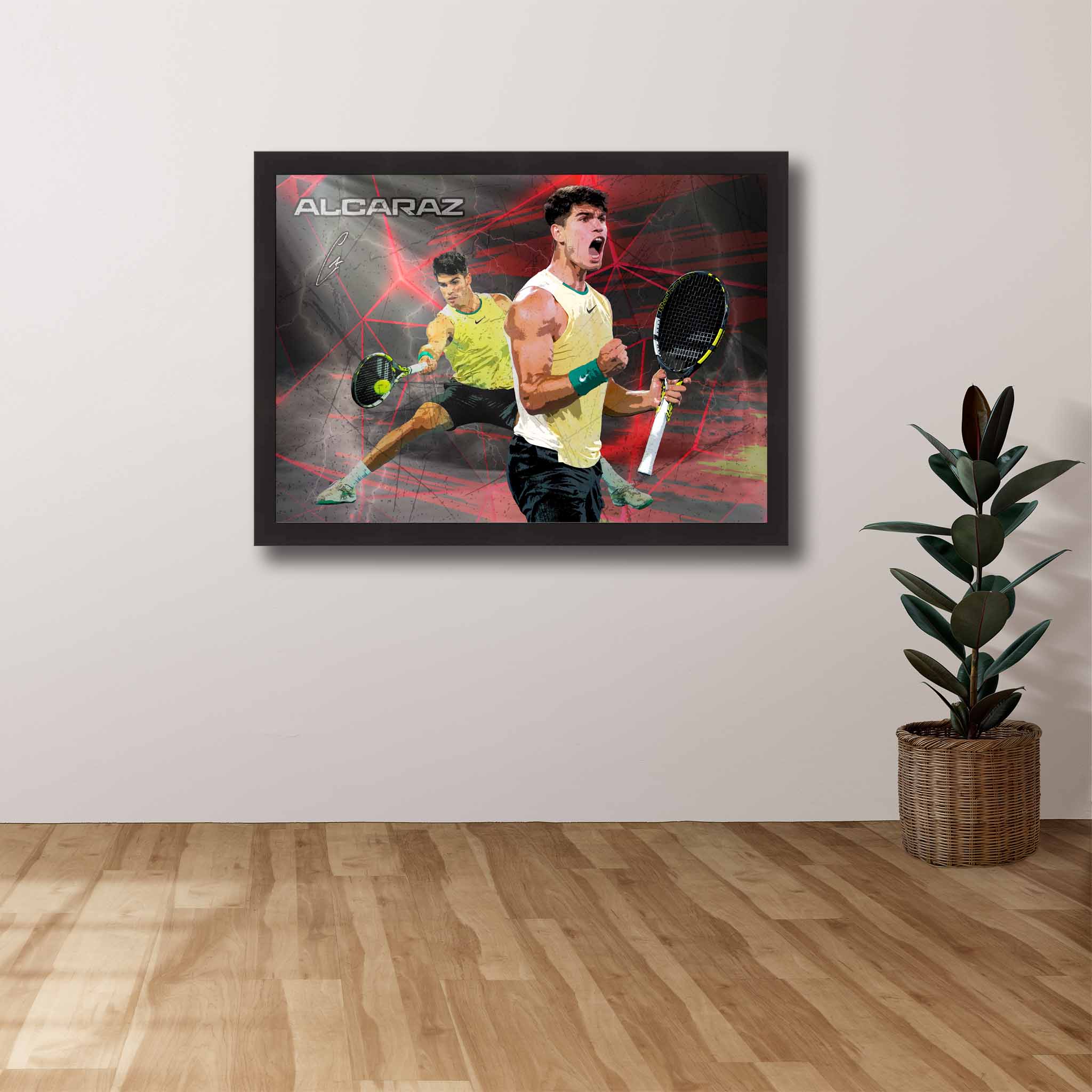 Devoted tennis fan's tribute: Carlos Alcaraz framed art proudly displayed on the wall.