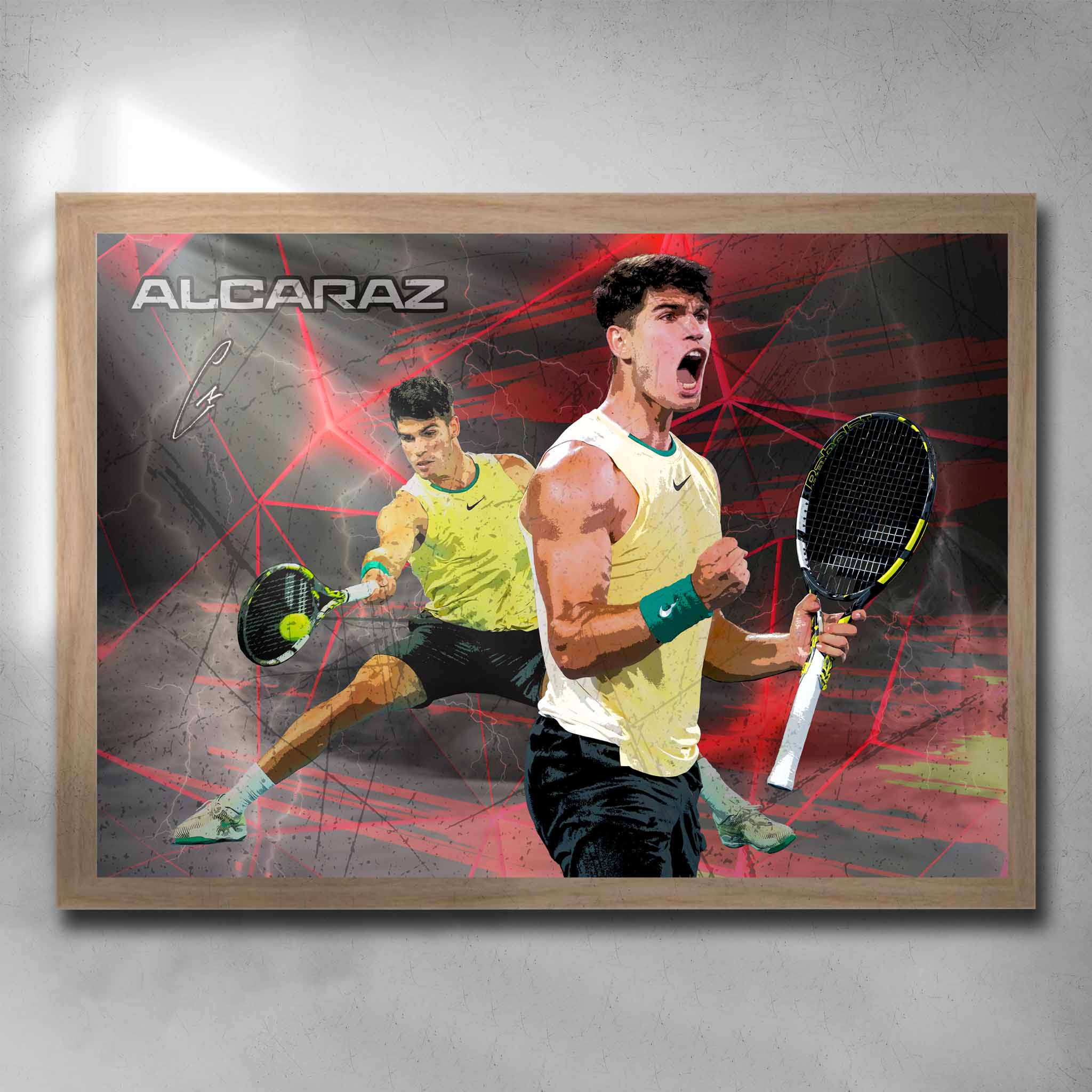 Oak framed tennis art by Sports Cave, featuring Spanish tennis sensation Carlos Alcaraz. 