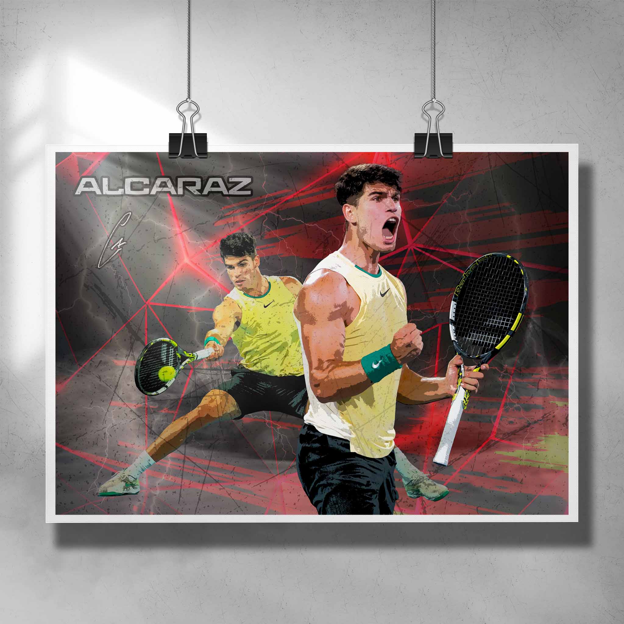 Unique tennis poster by Sports Cave, featuring Spanish tennis sensation Carlos Alcaraz. 