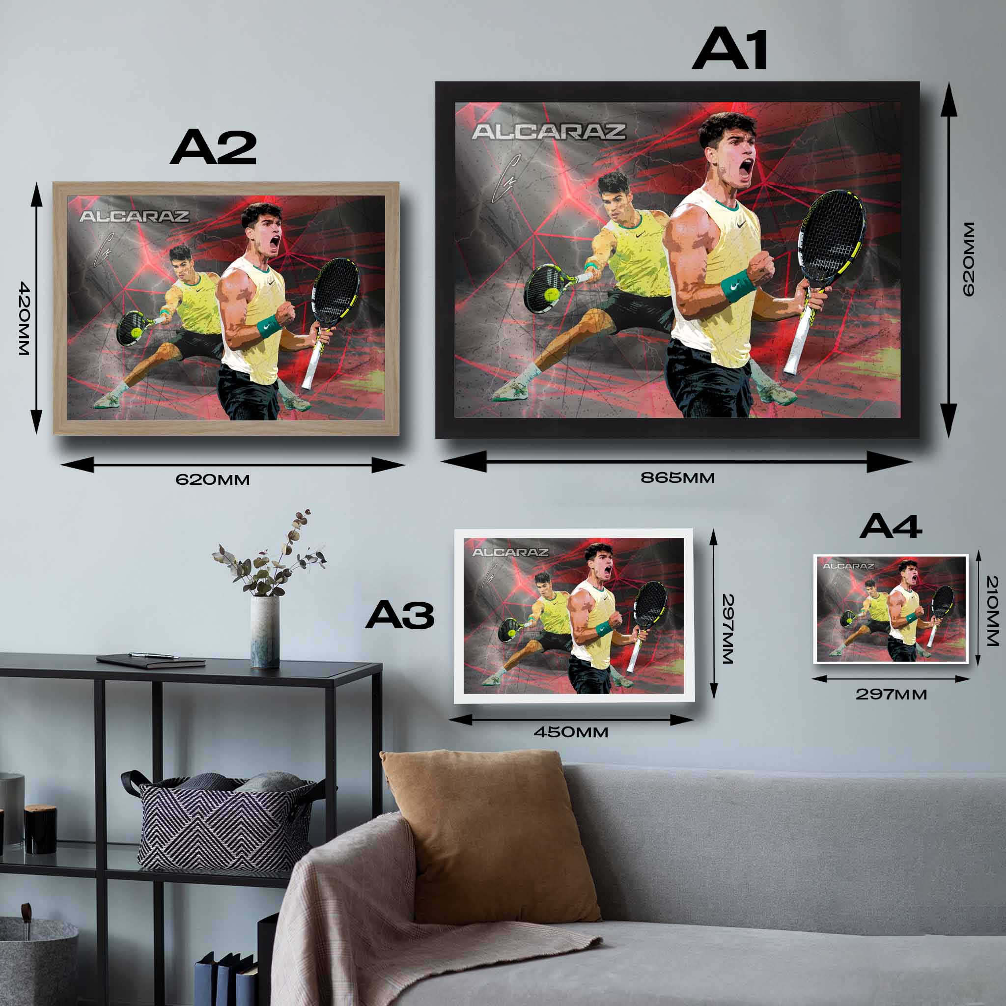 Visual representation of Carlos Alcaraz framed art size options, ranging from S 21×29.7cm to L 42×62cm, for selecting the right size for your space.