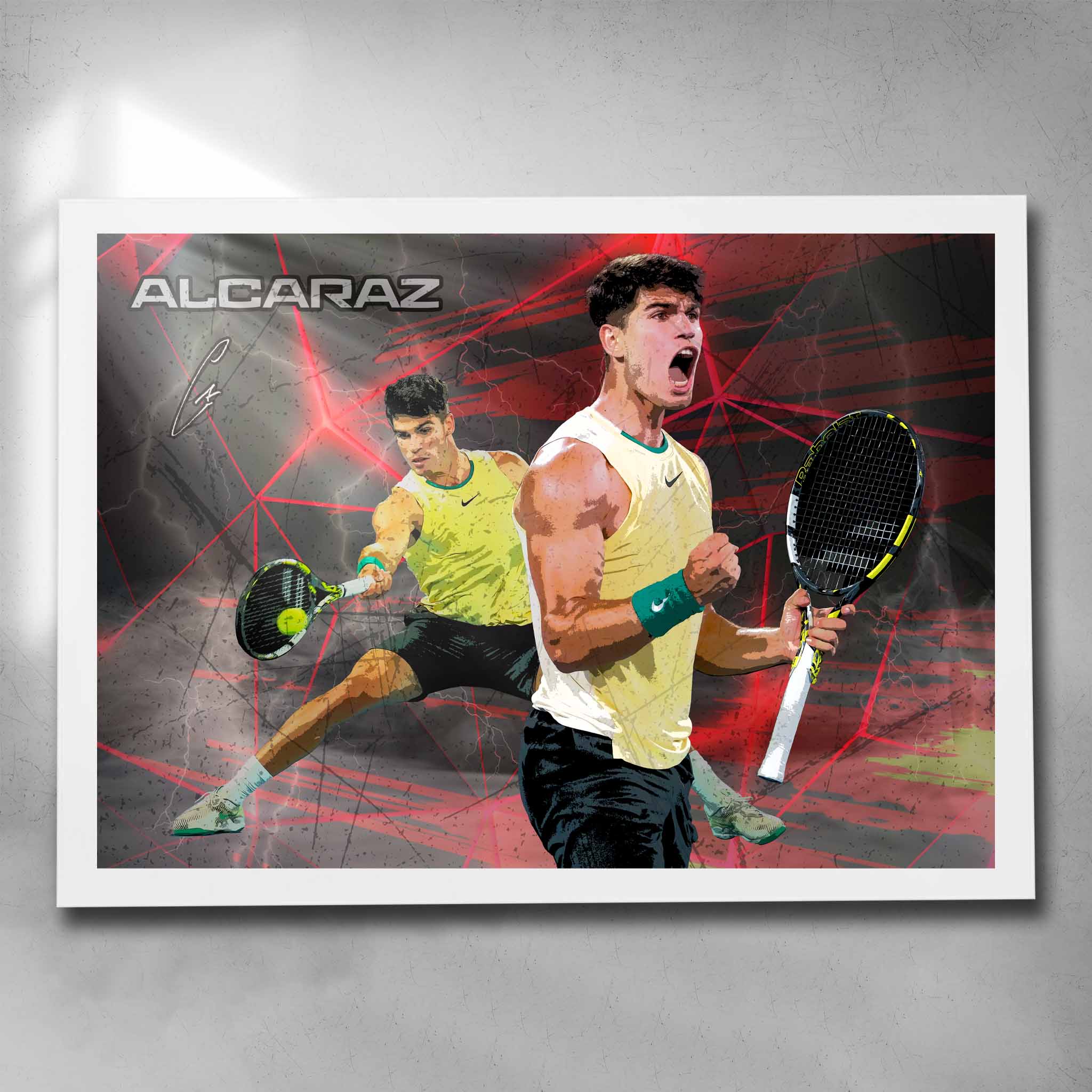 White framed tennis art by Sports Cave, featuring Spanish tennis sensation Carlos Alcaraz. 