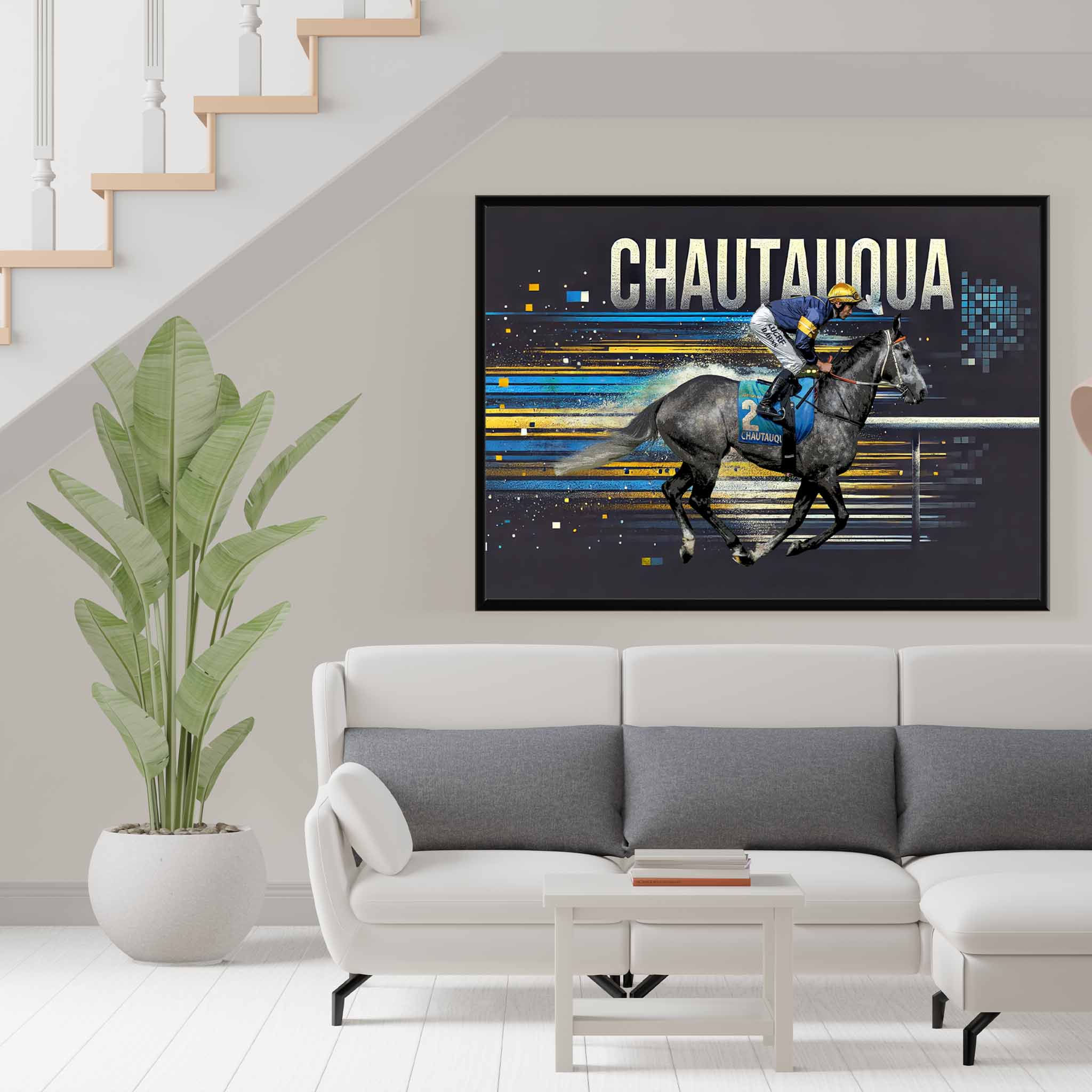 Chautauqua Horse Racing Art displayed as home decor on a punters wall.