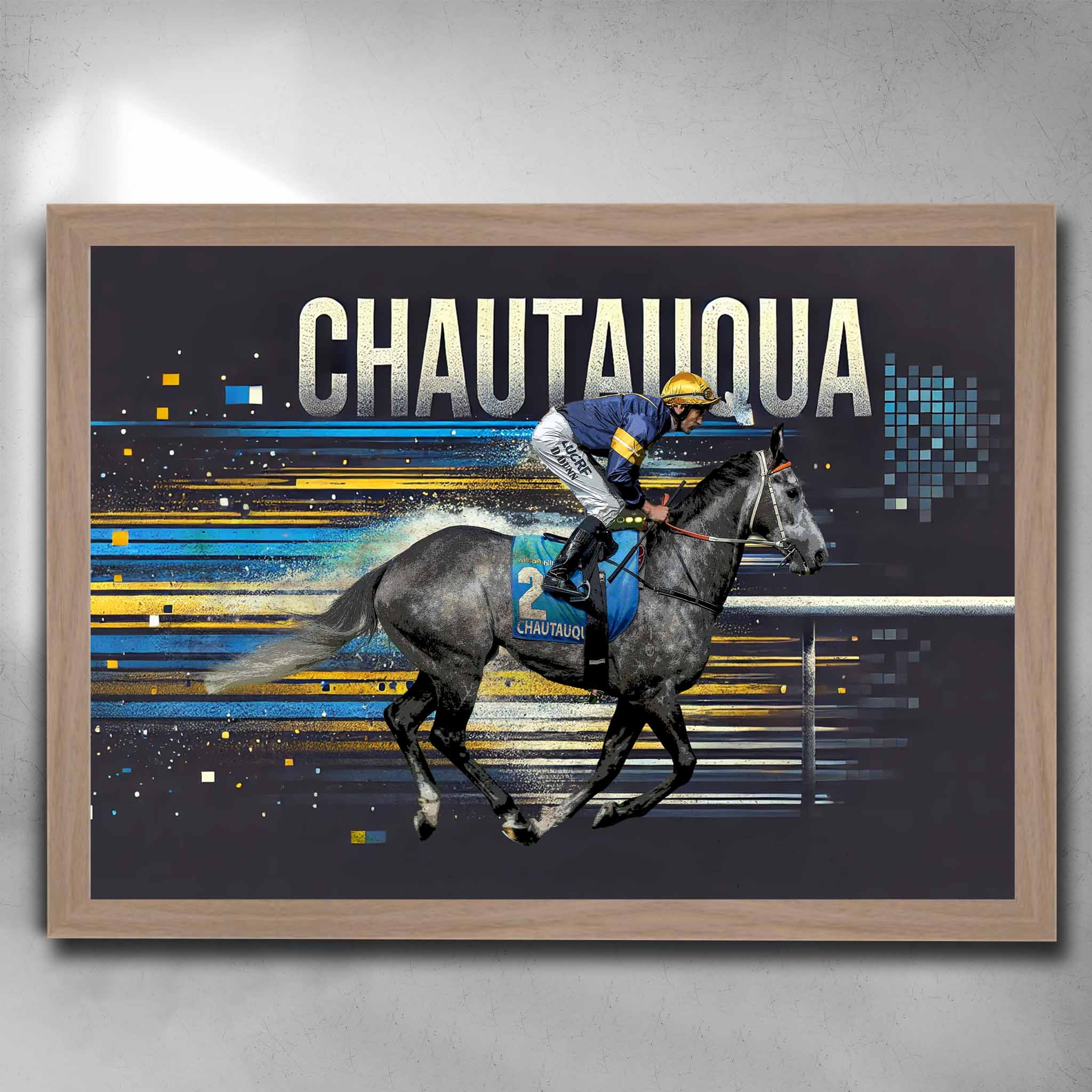 Oak framed horse racing art by Sports Cave, featuring the legendary Chautauqua.