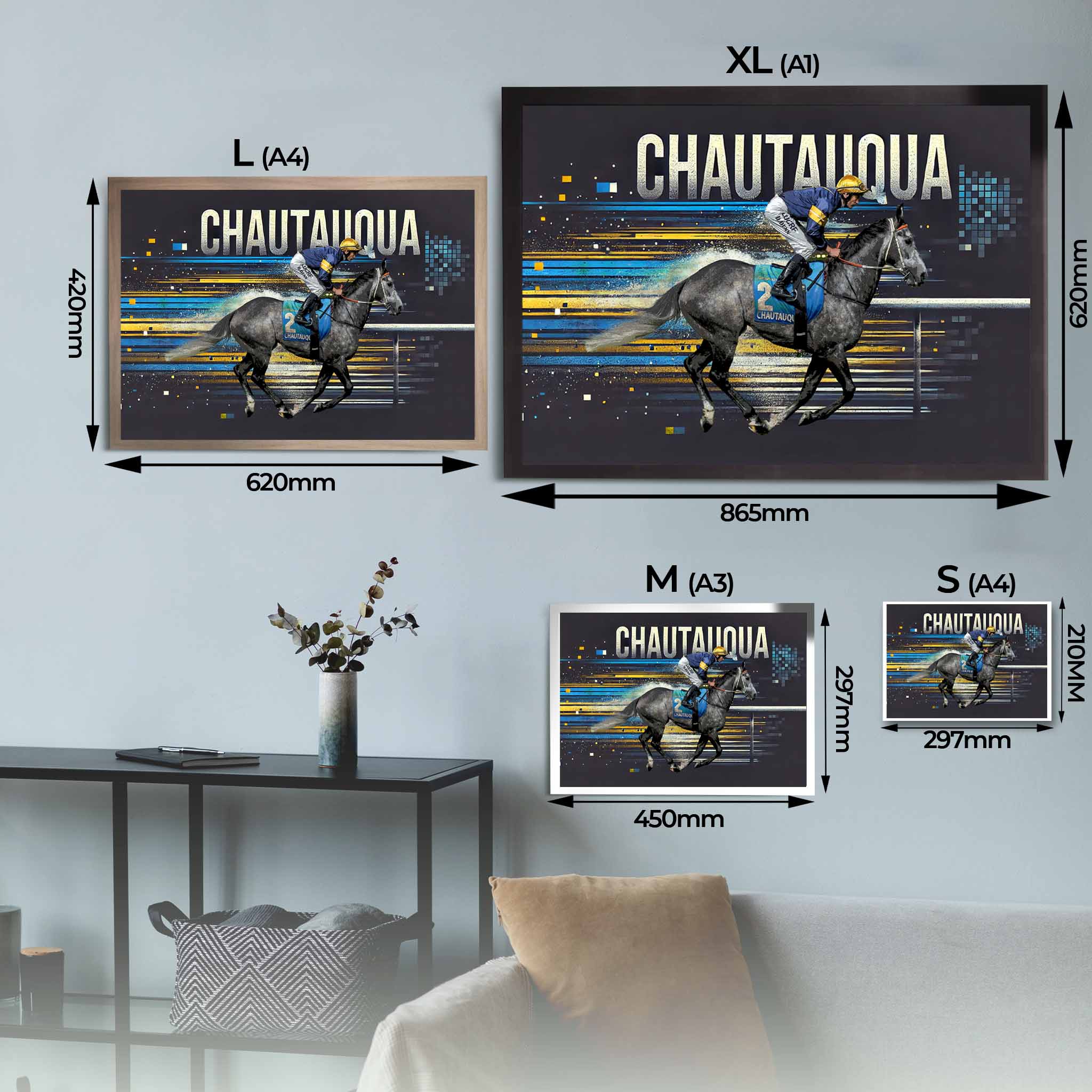 Chautauqua Horse Racing Framed Art Sizing Guide.