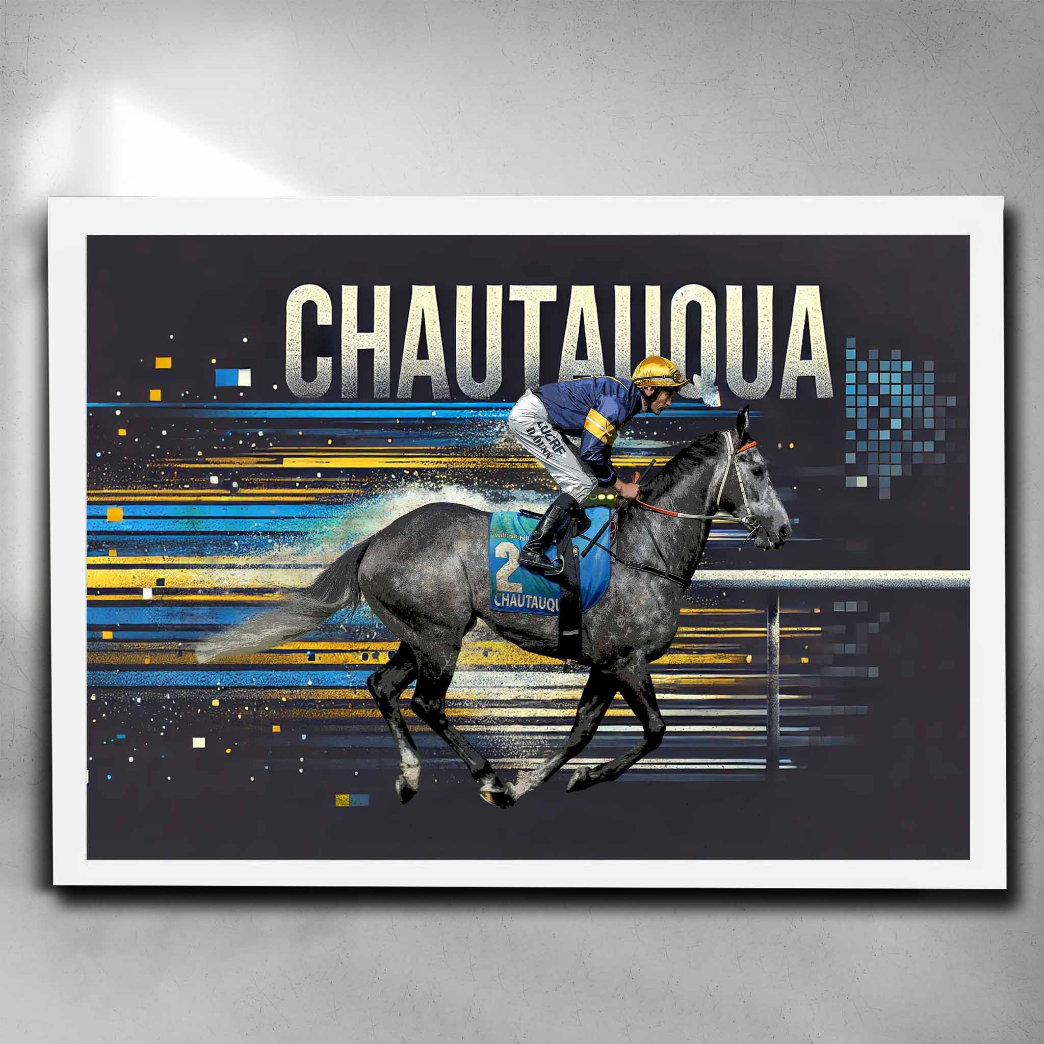 White framed horse racing art by Sports Cave, featuring the legendary Chautauqua.