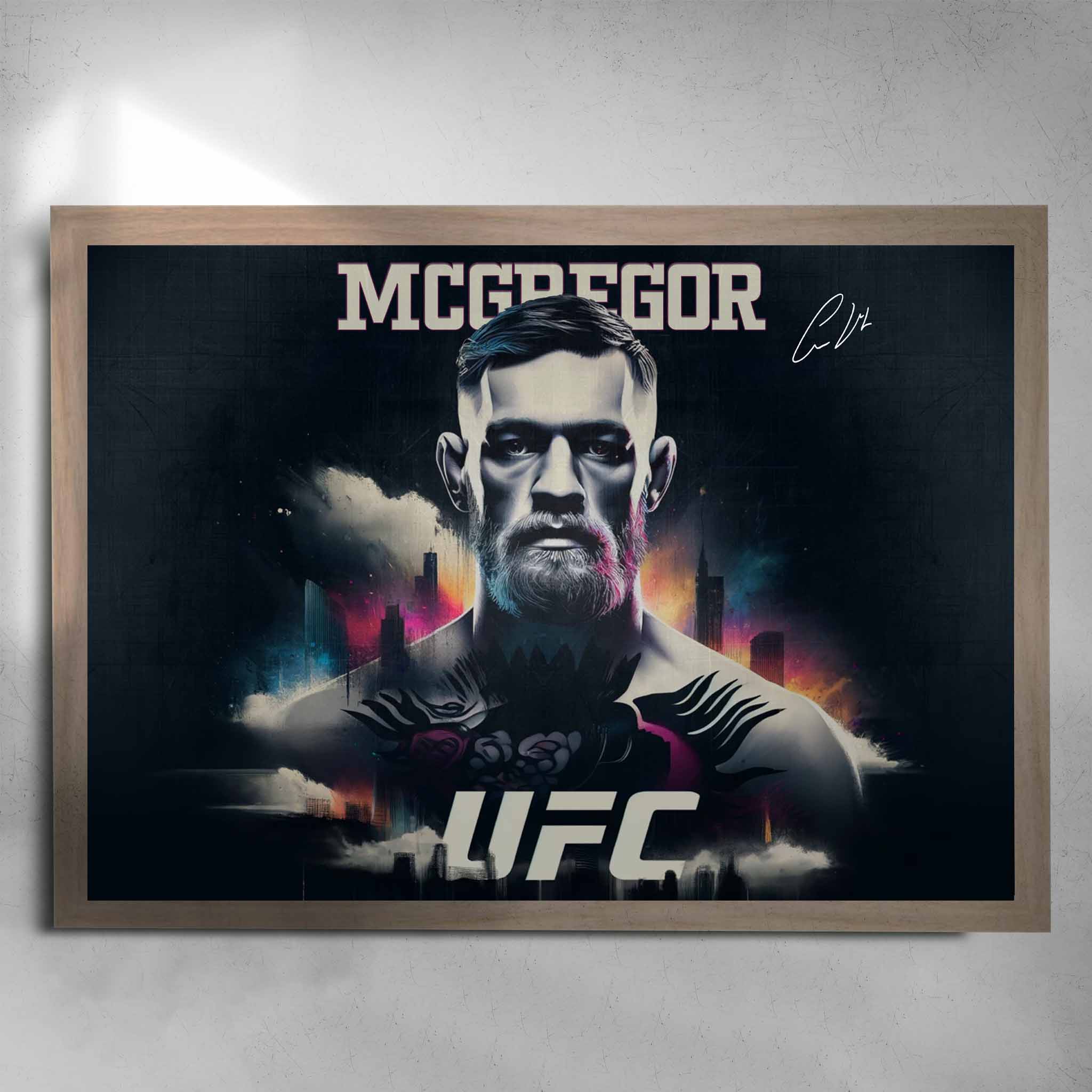 Oak framed UFC art by Sports Cave featuring the notorious Conor Mcgregor.