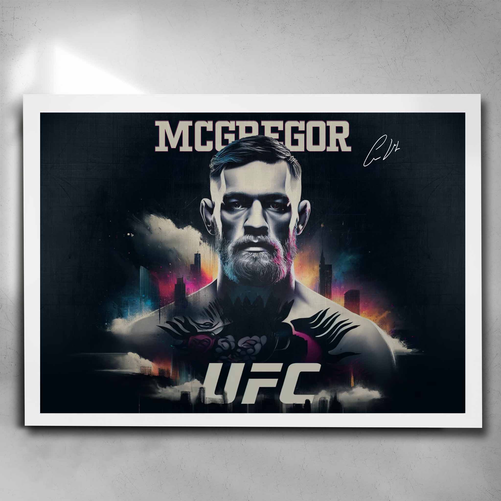 White framed UFC art by Sports Cave featuring the notorious Conor Mcgregor.