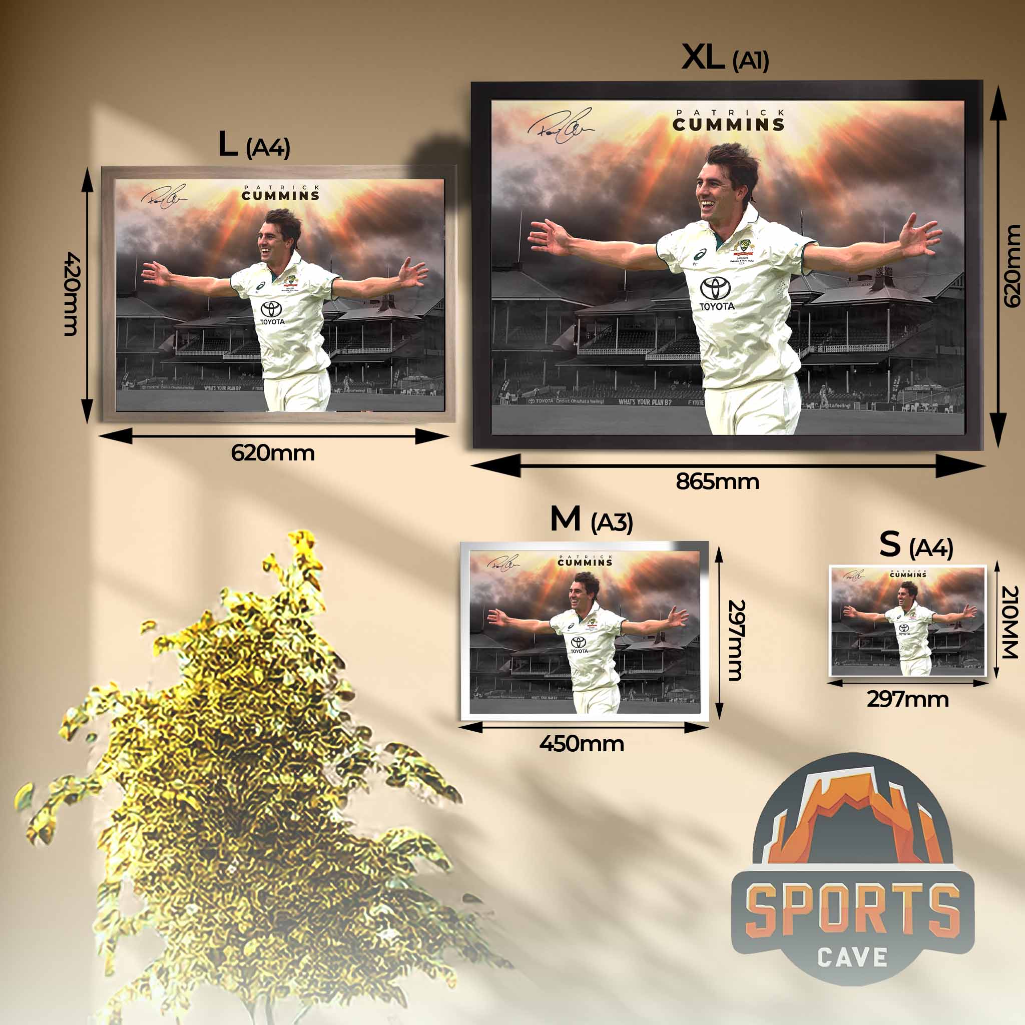 Visual representation of Patrick Cummins framed art size options, ranging from A4 to A2, for selecting the right size for your space.
