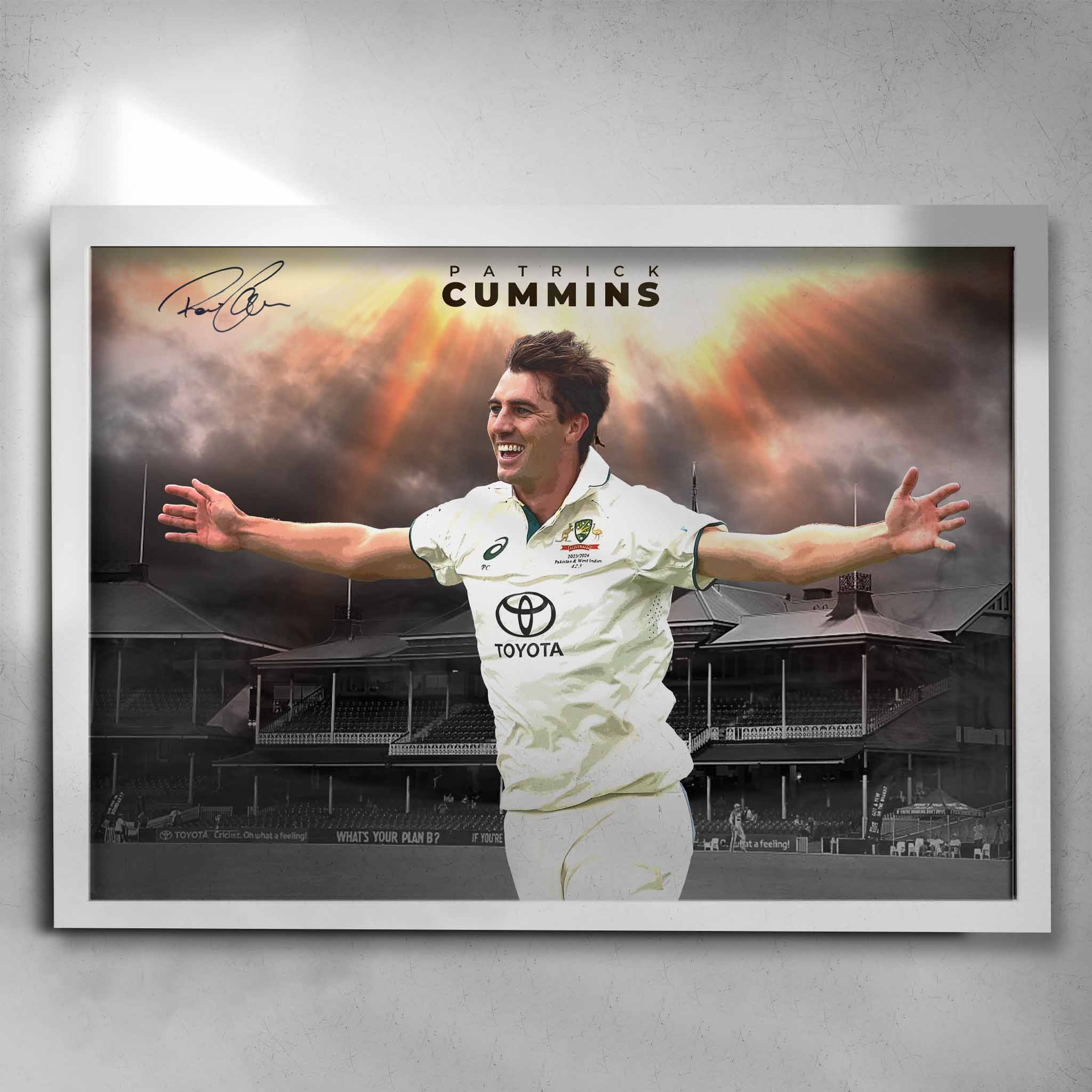 White framed cricket art by Sports Cave, featuring Patrick Cummins the Australian Test Captain.