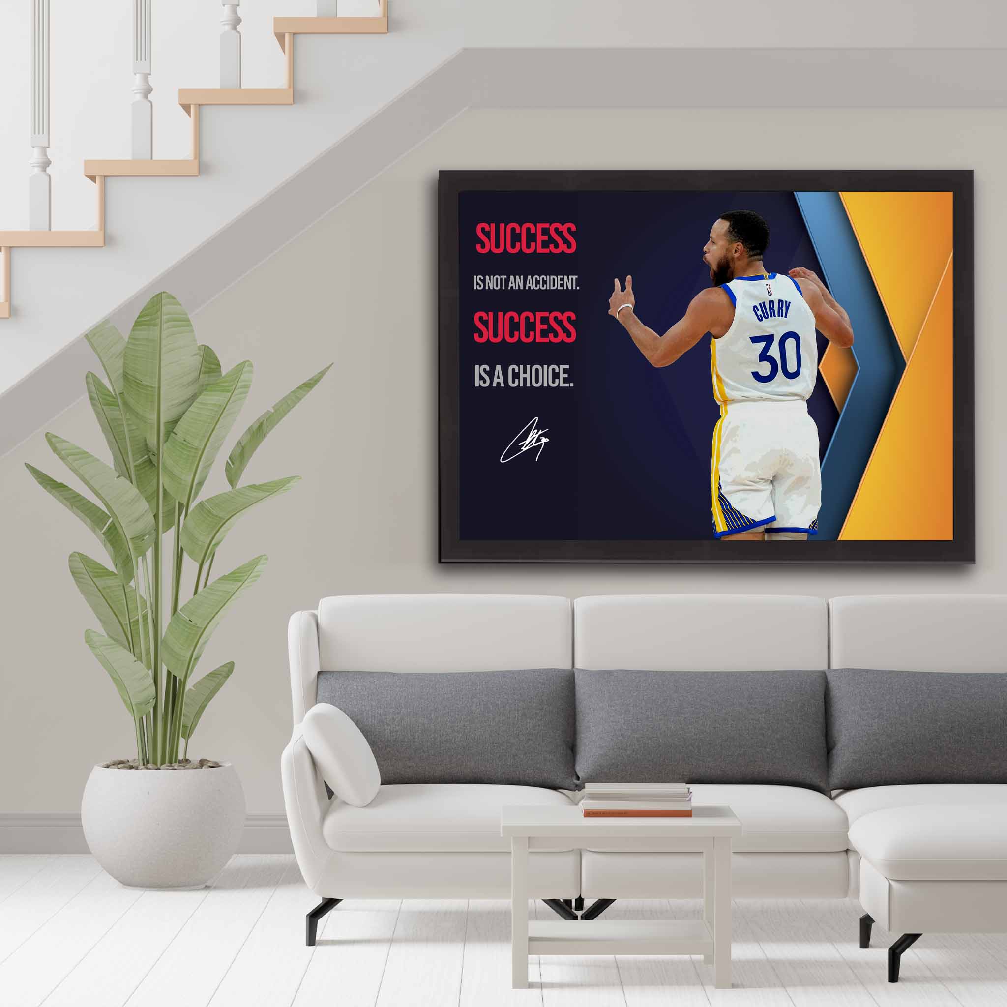 Steph Curry fan with a framed artwork with a motivational quote "success is not an accident, success is a choice".