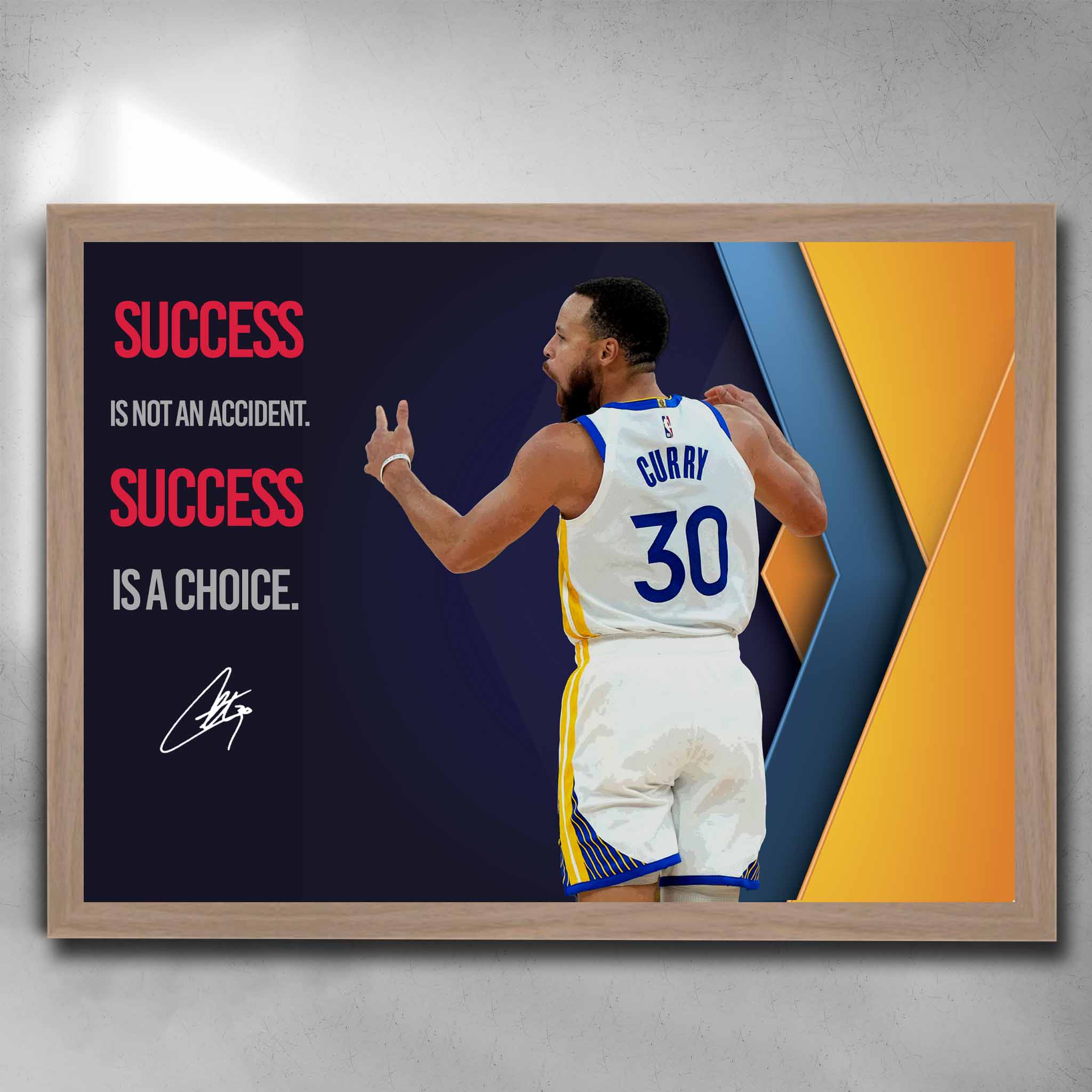 Oak framed motivational NBA art by Sports Cave, featuring Stephen Curry.