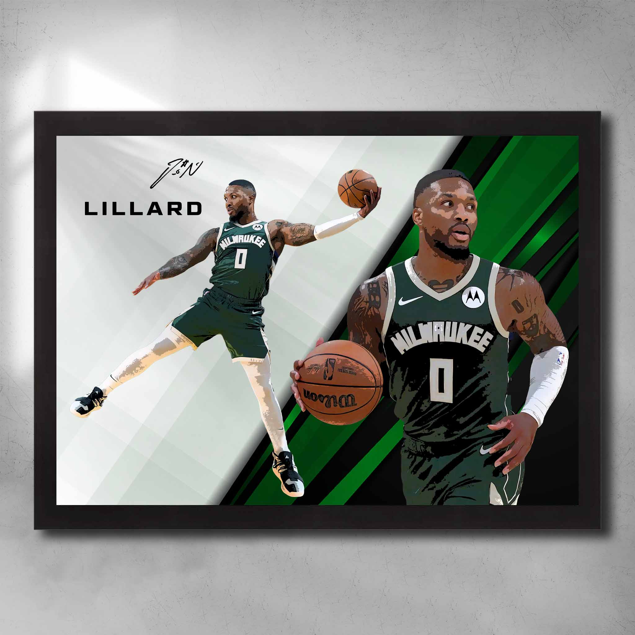 Black framed NBA Art by Sports Cave featuring Damien Lillard from the Milwaukee Bucks.