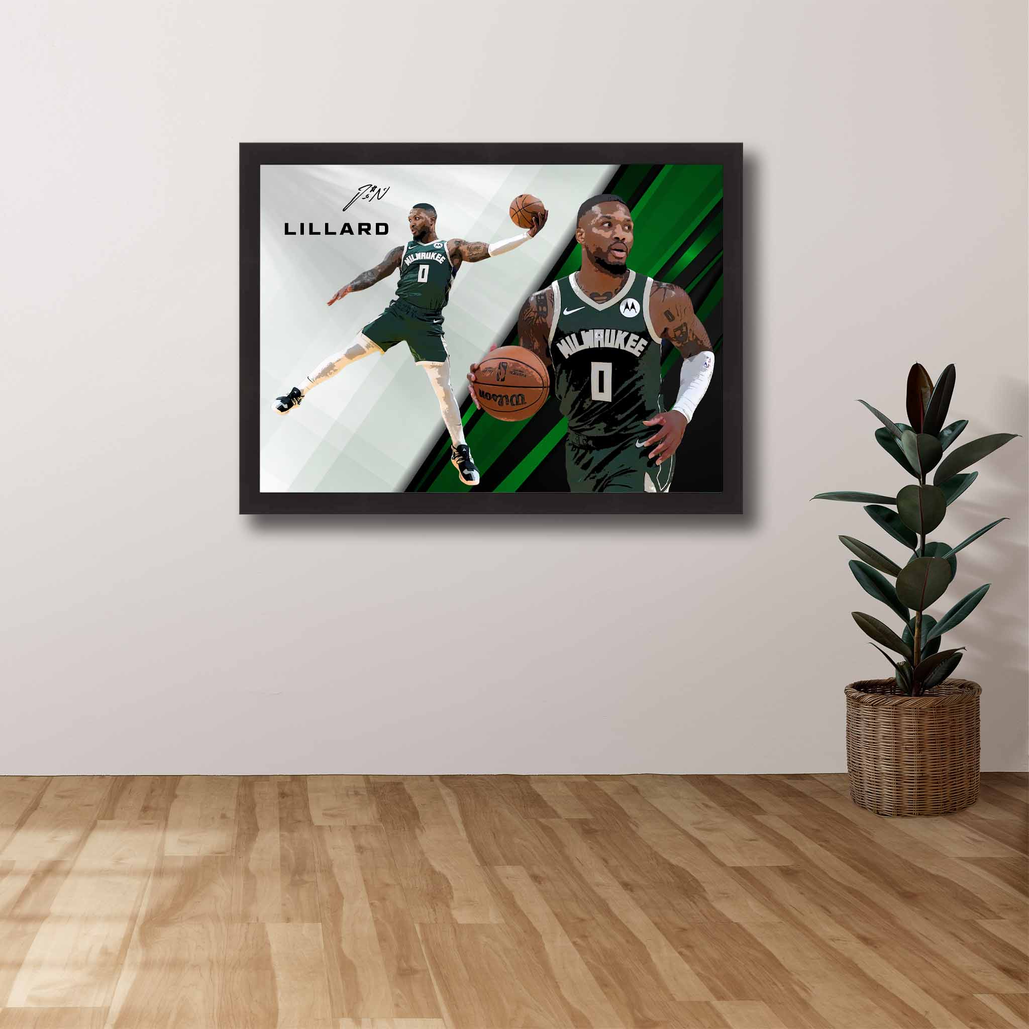 Milwaukee Bucks supporters house, with a framed art of Damien Lillard displayed on their wall. 