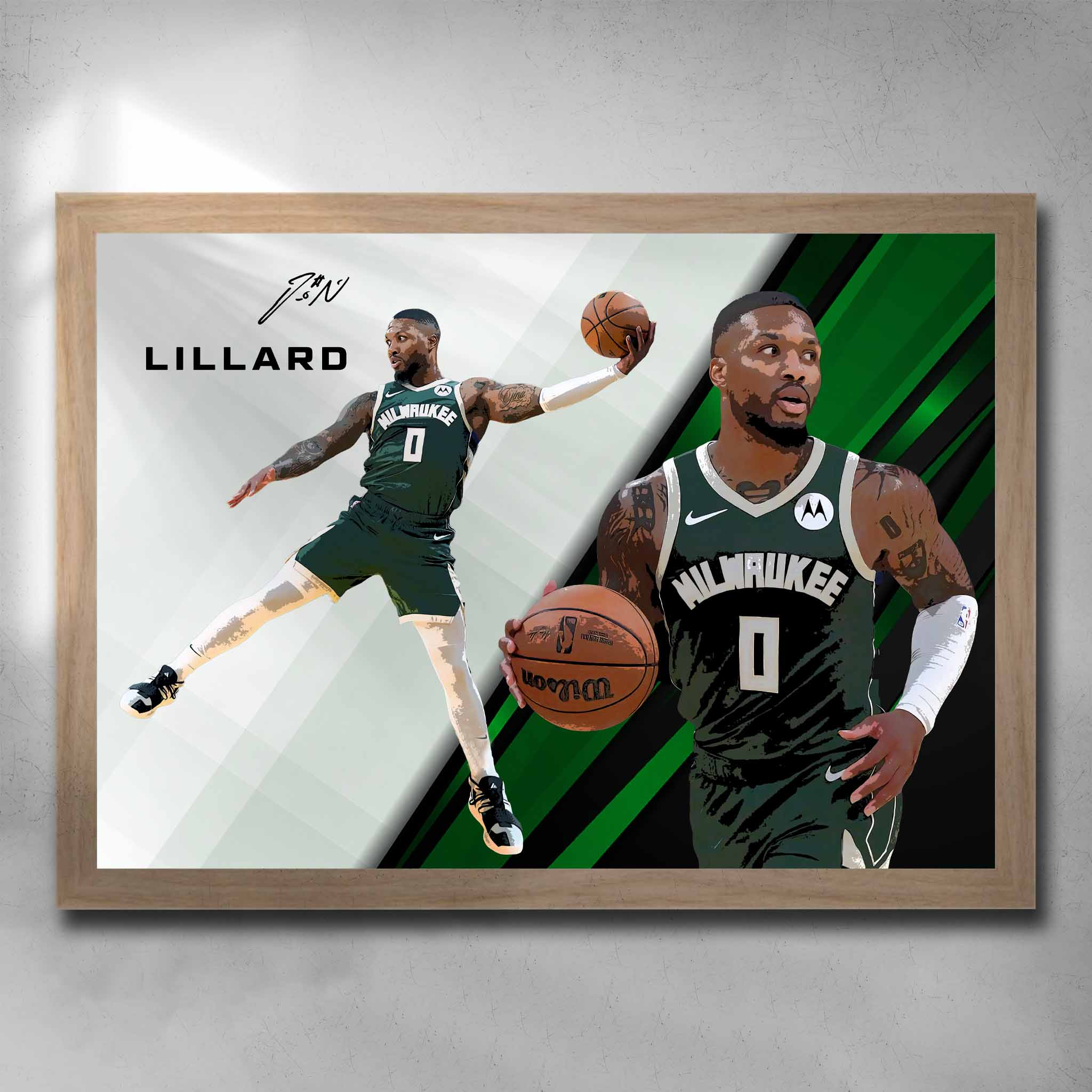 Oak framed NBA Art by Sports Cave featuring Damien Lillard from the Milwaukee Bucks.