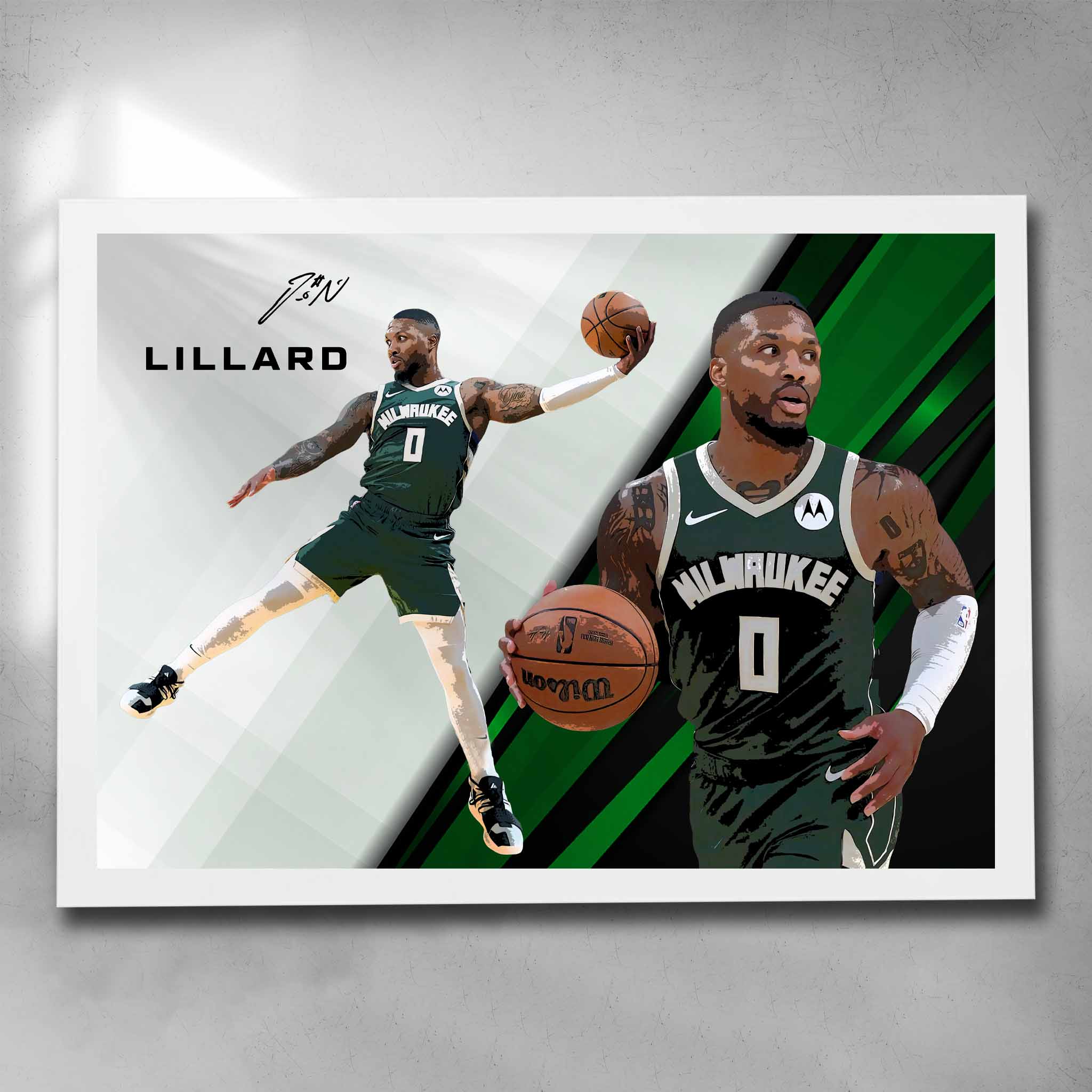 White framed NBA Art by Sports Cave featuring Damien Lillard from the Milwaukee Bucks.