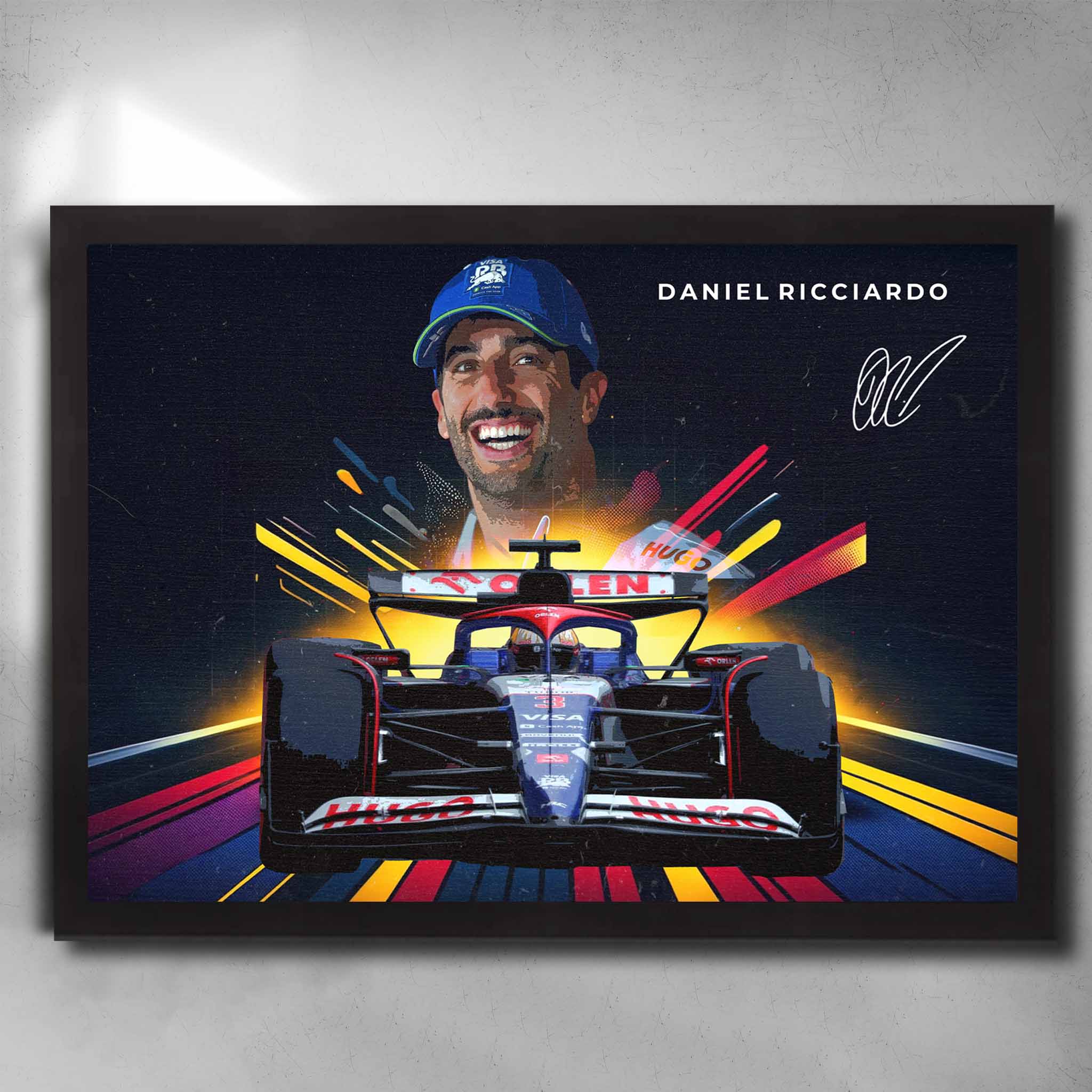 Black framed Formula One art by Sports Cave, featuring Daniel Ricciardo.