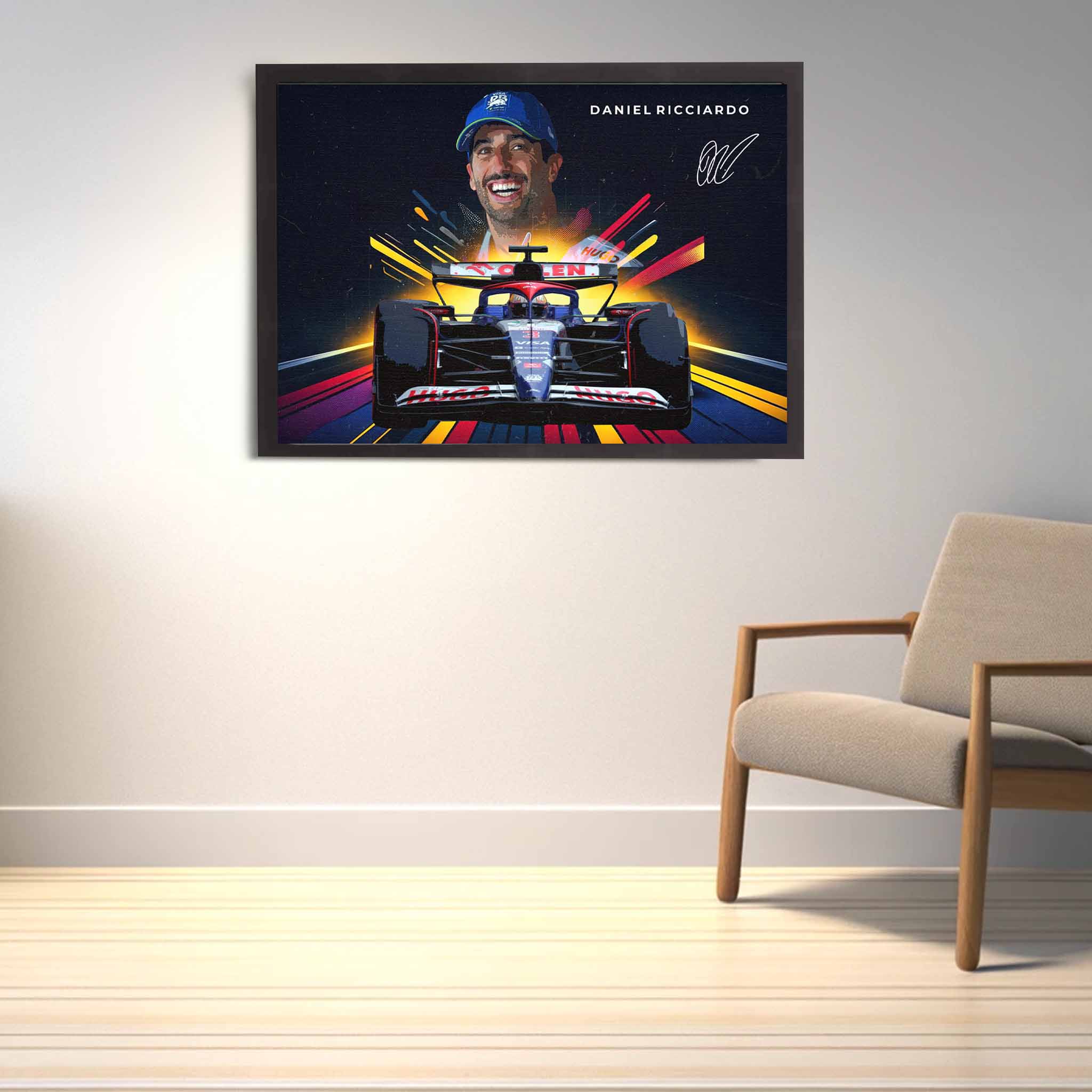 Formula One Fan with a framed signed print of Daniel Ricciardo used as home decor.