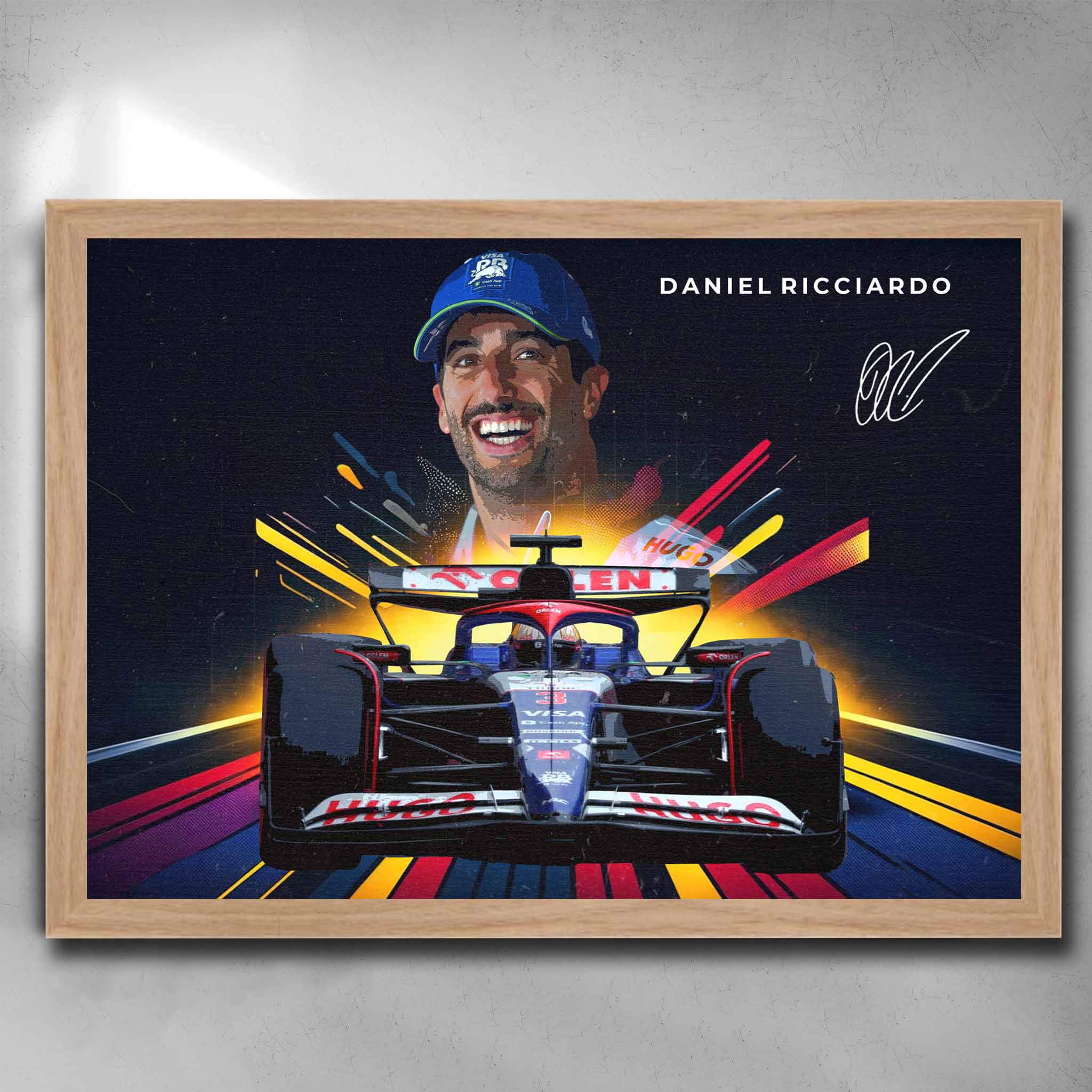 Oak framed Formula One art by Sports Cave, featuring Daniel Ricciardo.