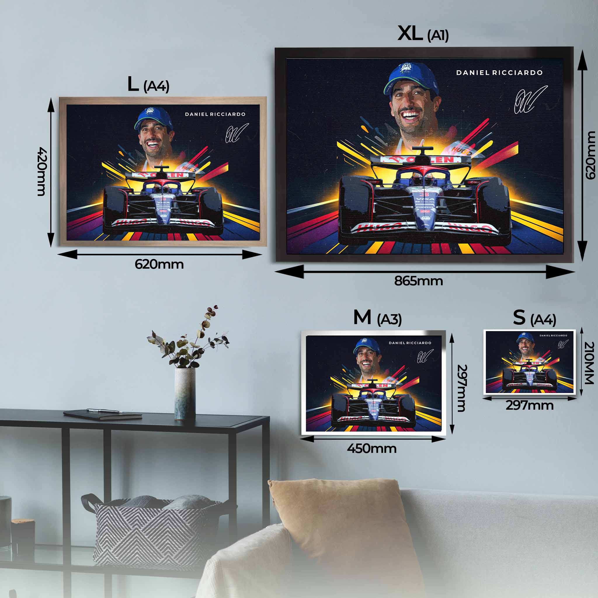 Framed Daniel Ricciardo Art Sizing Guide.