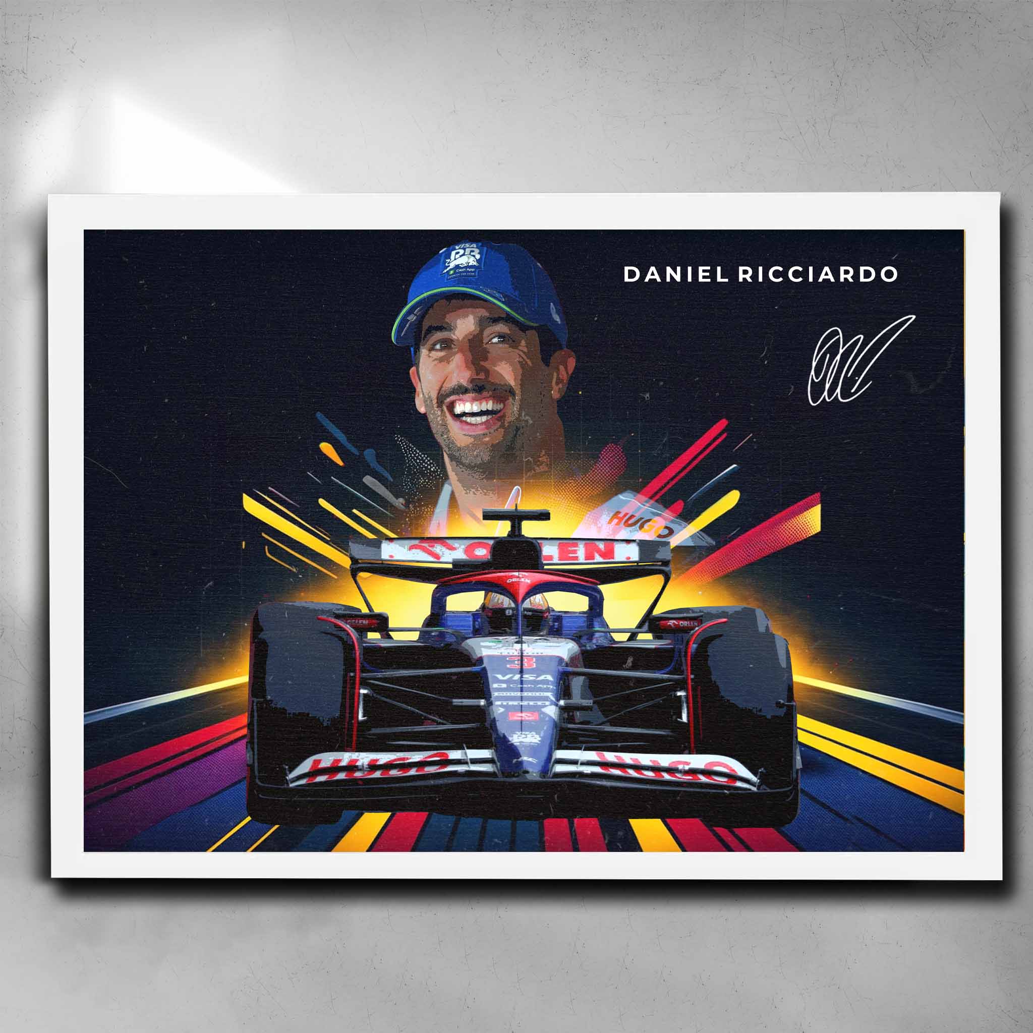 White framed Formula One art by Sports Cave, featuring Daniel Ricciardo.