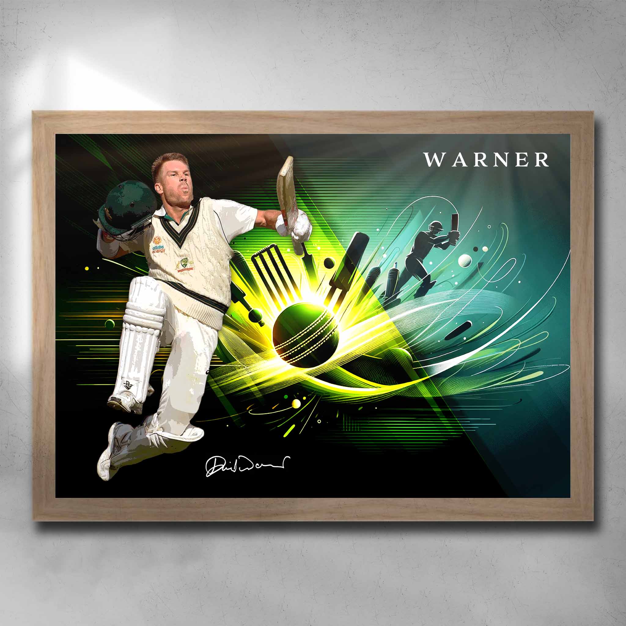 Oak framed cricket art by Sports Cave, featuring Australian cricketer David Warner. 