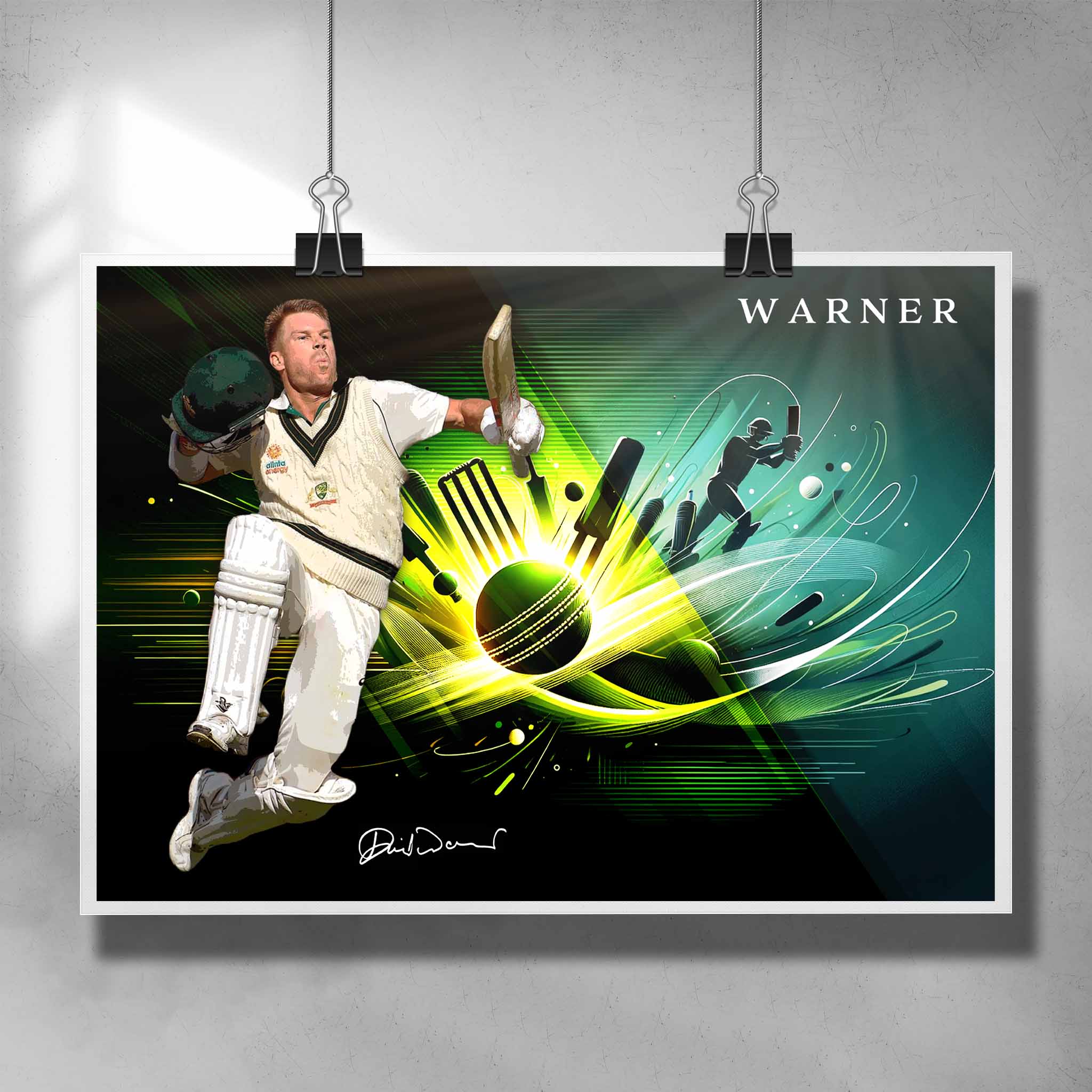 Unique cricket poster by Sports Cave, featuring Australian cricketer David Warner. 