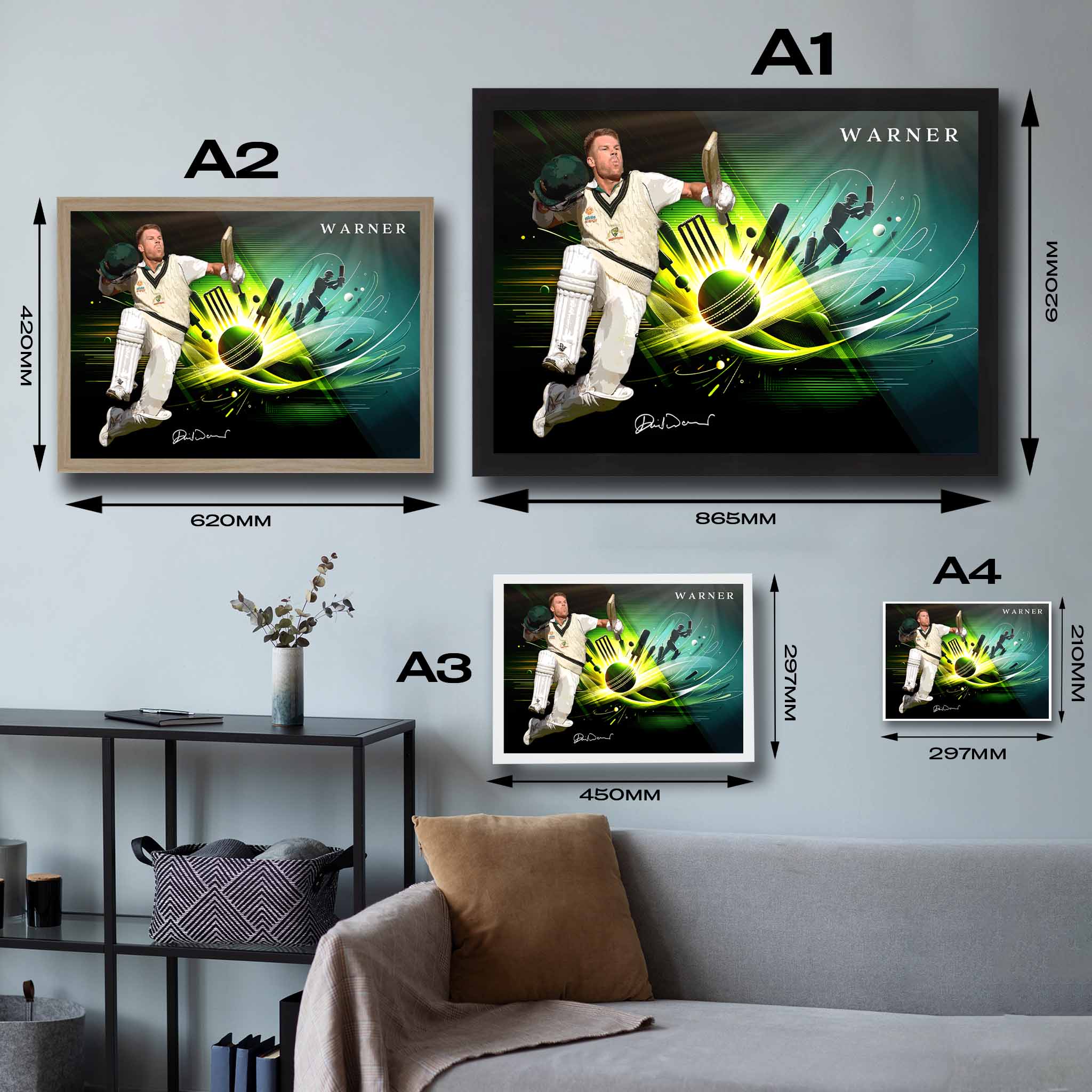 Visual representation of David Warner framed art size options, ranging from A4 to A2, for selecting the right size for your space.